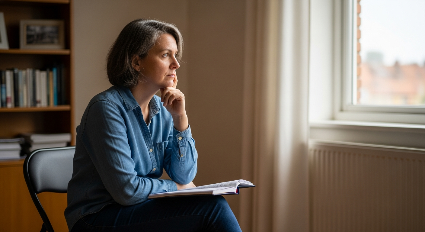 A contemplative adult sitting in a comfortable therapy office chair, gazing thoughtfully out a window with soft natural light streaming in. The person appears introspective, with their hand gently resting on their chin in a reflective pose. The room has warm, calming tones with bookshelves in the ba