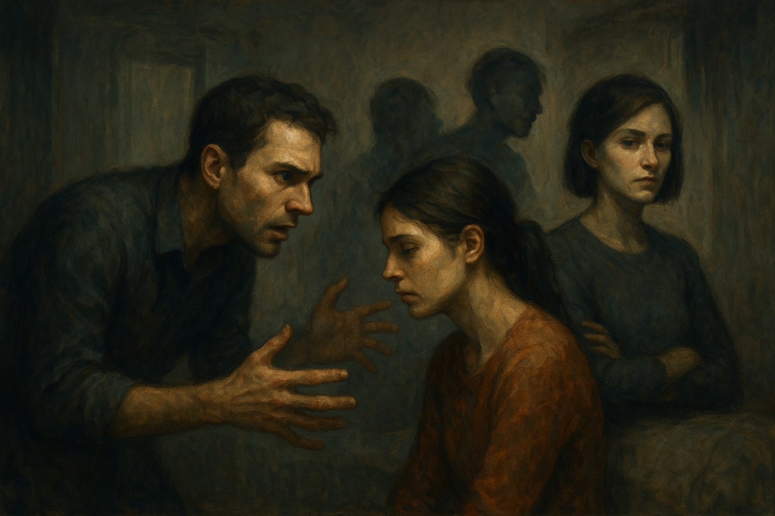An atmospheric, emotionally charged composition visually explores adult insecure attachment, set within a subtly melancholic or tense domestic space. One adult figure leans forward with an intense, searching gaze and slightly grasping hands towards another, who is partially turning away or looking distant, symbolizing the push-pull of inconsistent connection and the adult's deep-seated vigilance. Nearby, another pairing features an adult figure with a composed, somewhat distant expression, maintaining physical separation or crossed arms, subtly conveying emotional suppression and self-reliance in the face of perceived demands. A third, more abstract vignette could present fragmented or overlapping figures that simultaneously reach out and recoil, illustrating the internal conflict and absence of a coherent strategy for connection. The lighting is dramatic and symbolic, with areas of deep shadow and stark highlights emphasizing emotional isolation and intermittent moments of yearning, all rendered in a predominantly muted color palette occasionally punctuated by a single, desaturated hue to signify emotional intensity or unresolved tension.