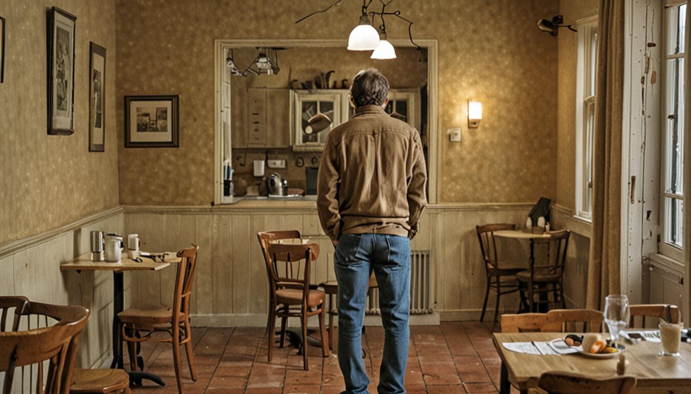 A solitary adult figure stands in the foreground, partially turned away from a warm, intimate setting like a softly lit cafe or a cozy living room, hinting at a potential social interaction they are disengaging from. Their posture is self-contained and subtly withdrawn, conveying a strong sense of independence and self-reliance, perhaps with their gaze directed slightly past an implied companion or into the middle distance, avoiding direct eye contact. An almost imperceptible barrier or cool aura seems to surround them, metaphorically shielding them from the warmth of potential emotional closeness and deep intimacy. This scene is depicted in a naturalistic, slightly melancholic photographic style, with soft focus on the periphery to emphasize the central figure's emotional isolation and their silent defense mechanism against perceived vulnerability or the pain of rejection.