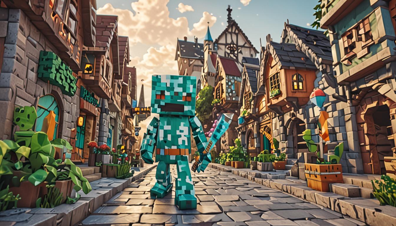 A blocky Minecraft character named Burpy stands in the center of a vibrant pixelated village called Bubble Village, wearing shimmering diamond armor with distinctive blocky textures and a glowing green creeper face emblazoned on the chest plate. The character has a determined expression on their blocky face while holding a teal-colored diamond sword with sharp, angular Minecraft-style edges and a crystalline blue-green blade that catches the light. Around Burpy, colorful bubble-like particles float in the air, creating a whimsical atmosphere, while other Minecraft villagers in the background cover their ears with blocky hands and shake their square heads in disapproval. The village setting features classic Minecraft architecture with cobblestone paths, wooden houses with steep roofs, and a training area visible in the distance with practice dummies and weapon racks. Soft morning light filters through the scene, illuminating the diamond armor's reflective surfaces and casting blocky shadows on the ground, while magical green energy seems to emanate from the creeper face design on the armor, suggesting the special power within Burpy's burps that could potentially power a portal for the upcoming village festival.