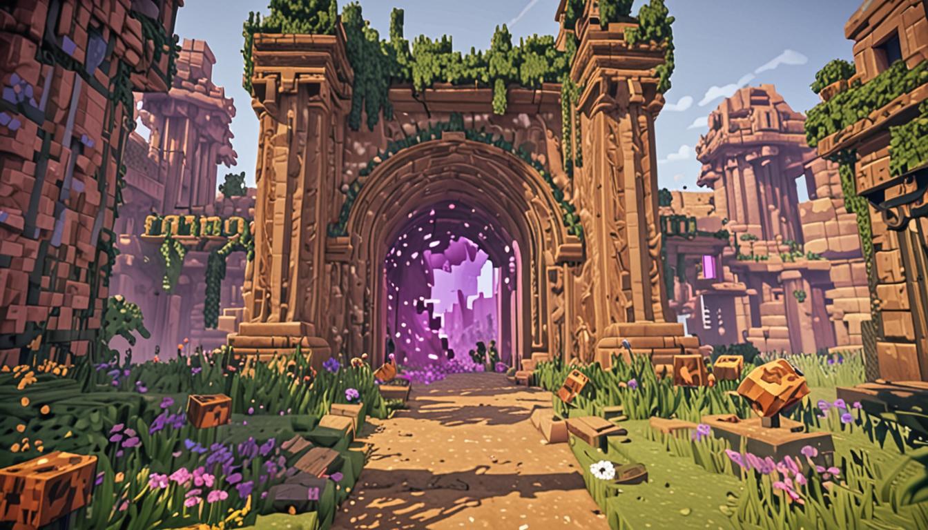 A chaotic Minecraft village scene centered around a large purple Nether portal with swirling particle effects, where a unique brass-colored Creeper with metallic golden-brown pixelated skin is dancing energetically in front of the portal structure. The special Creeper has musical note particle effects floating around its blocky head as it moves in animated dance poses. Scattered around the portal area are multiple wooden chests with their lids open, revealing jumbled and disorganized pixelated items spilling out - diamonds, iron ingots, bread, and tools all mixed together in messy piles. Several bright magenta-colored sheep with vibrant pink-purple wool are walking in erratic zigzag patterns across the cobblestone village paths, leaving colorful particle trails behind them. Panicked Minecraft villagers in their characteristic brown robes are running around the scene with their arms raised, some carrying scattered items while others gesture frantically at the chaos. The village backdrop features typical Minecraft buildings with wooden planks, cobblestone foundations, and oak doors, all rendered in the classic blocky, pixelated style with dramatic lighting from the portal's purple glow casting shadows across the scene.
