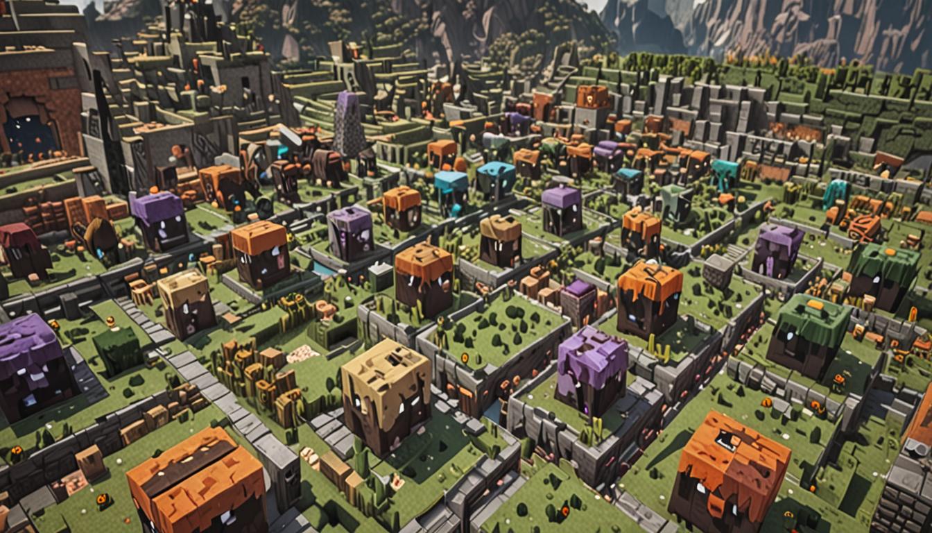 A blocky Minecraft village scene with cubic houses made of colorful wool and stone blocks, featuring worried-looking villager NPCs with their characteristic long noses and brown robes gathered around a large, dormant obsidian portal frame that normally glows purple but now stands completely dark and lifeless. The portal structure is built from black obsidian blocks in the classic rectangular frame shape, surrounded by cobblestone and decorated with unlit redstone torches that should be powering it. In the background, pixelated floating lantern blocks in various bright colors - yellow, orange, red, and blue - hang motionless from invisible strings, waiting to be activated for the festival. The village square is paved with stone brick blocks and features wooden benches where sad villagers sit with drooped heads, while others point anxiously at the broken portal. Minecraft-style particle effects show dim, fading sparkles around the portal frame, indicating its magical nature is failing. The scene is lit with warm, golden sunlight filtering through blocky clouds, creating a bittersweet atmosphere where the beautiful festival preparations contrast with the villagers' disappointment about their inaccessible Glimmering Grotto celebration grounds.