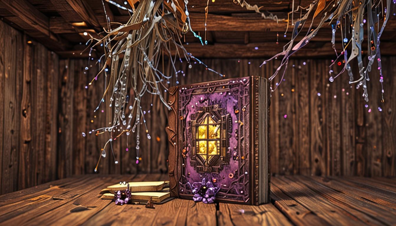 A dusty Minecraft-style attic scene with cobwebs hanging from dark oak wooden beams, where a pixelated character with blocky features holds an ancient, weathered crafting book with brown leather binding and yellowed pages displaying glowing purple Echo-Gems with crystalline, geometric facets that shimmer with magical energy. The book's pages show detailed pixelated illustrations of sound wave patterns emanating from the gems in blocky, angular designs. In the background, wooden chests and barrels are scattered around the dimly lit space, while soft golden sunlight filters through a small window, casting rectangular light beams across the dusty floorboards. The character's expression shows excitement and determination as they study the book's contents. Nearby, a shimmering golden crown with an ornate, blocky design sits on a pedestal, featuring geometric burp-bubble patterns etched into its surface and emanating a faint magical glow. The crown has chunky, pixelated details with square-cut gems embedded along its rim. In the corner, a crafting table displays ingredients including vibrant green Bubbly-Root vegetables with cube-shaped leaves and purple Tickle-Grass stalks that have a slight luminescent quality, all rendered in classic Minecraft's distinctive blocky, low-resolution aesthetic with sharp edges and pixelated textures throughout the entire scene.