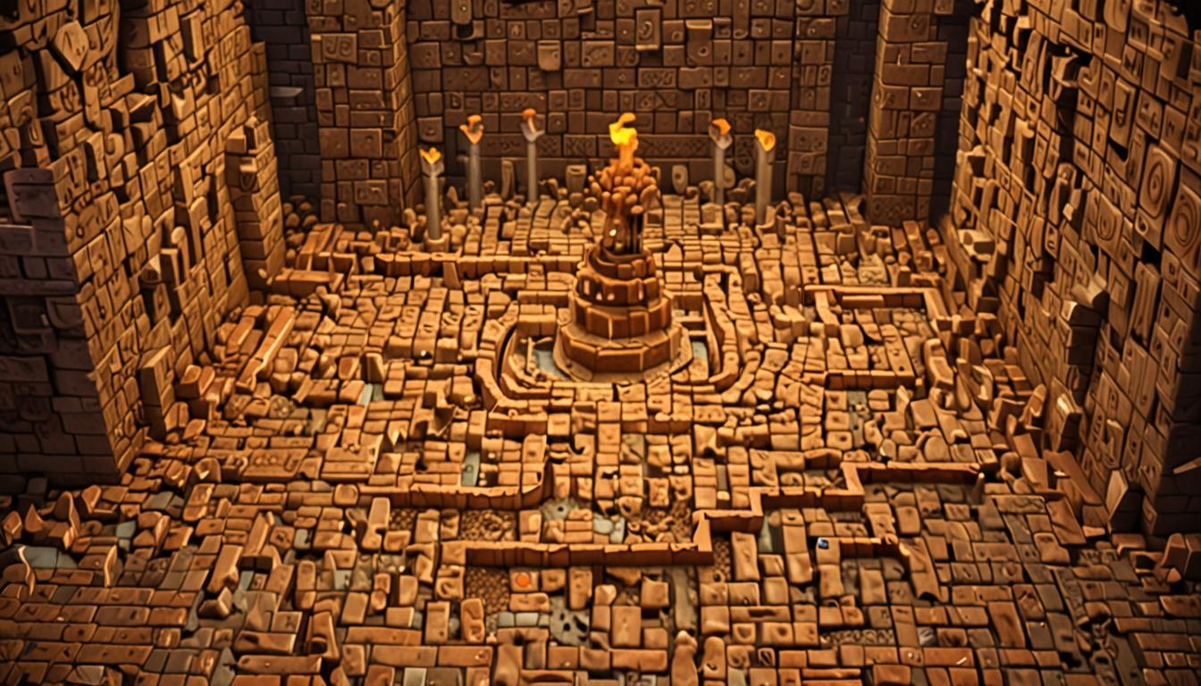 A blocky Minecraft-style underground labyrinth scene with pixelated stone brick walls forming winding maze passages, dimly lit by flickering torch light casting orange glows on the textured surfaces. In the center, a magnificent Golden Burp Crown sits atop a pedestal constructed entirely of gleaming golden blocks, the crown featuring intricate blocky geometric patterns with golden spikes and jeweled accents that sparkle in the torchlight. Throughout the maze corridors, various floating food blocks hover mysteriously in mid-air - pixelated bread loaves, blocky cheese wheels, cubic meat chunks, and square fruit items - all rendered in classic Minecraft's distinctive low-resolution textures. Multiple brewing stands and cauldrons are scattered around the labyrinth floor, filled with bubbling purple and green potions that emit particle effects and steam clouds, their surfaces rippling with animated liquid textures. A small blocky chicken character with orange pixelated feathers and a red comb stands nearby, its cube-shaped body and simple dot eyes showing excitement through animated head movements. The entire underground chamber features classic Minecraft lighting with dramatic shadows, cobblestone and stone brick textures on walls and floors, and the atmospheric depth of a mysterious dungeon filled with magical cooking implements and floating food items.