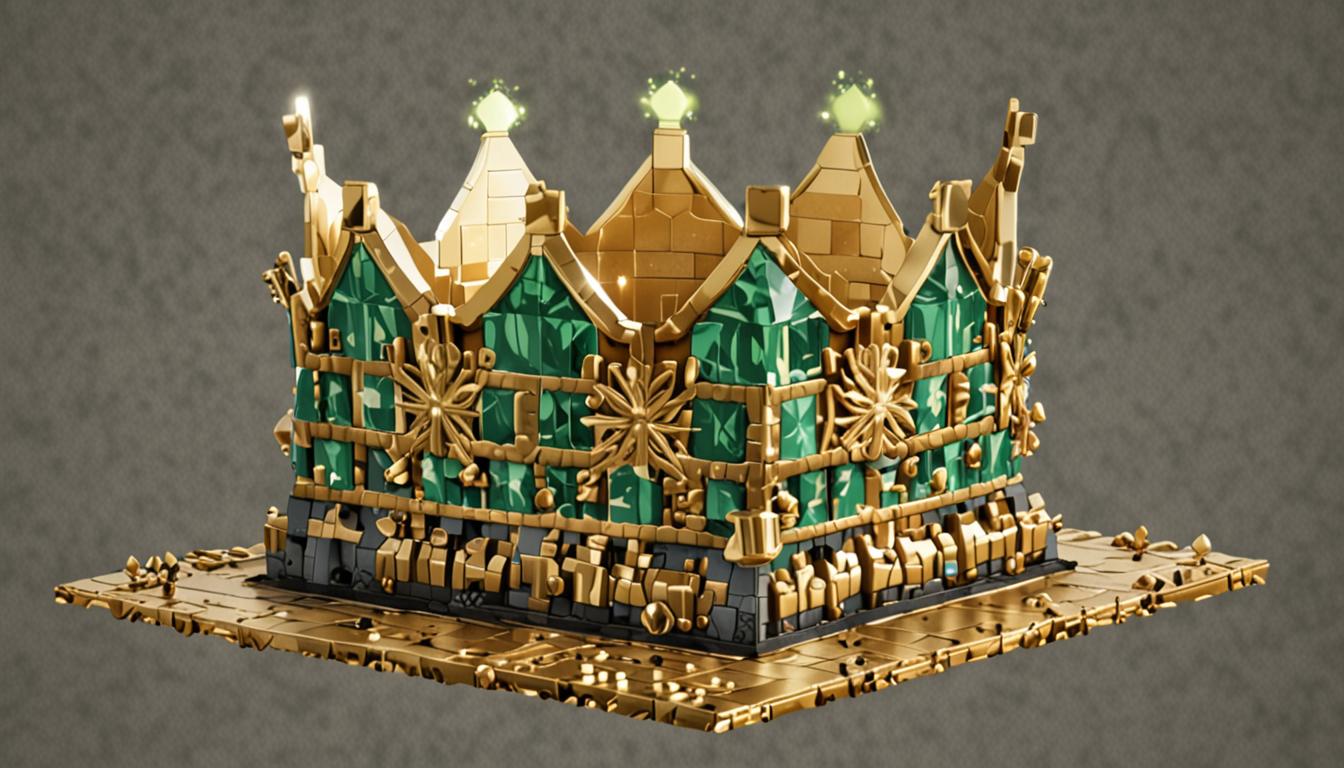 A magnificent Minecraft-style Golden Burp Crown sits prominently in the center of a blocky, pixelated scene, crafted from gleaming golden blocks with a slightly tilted, lopsided appearance that gives it character. The crown features several large, fizzing emerald blocks embedded along its rim, each emerald glowing with animated green sparkles and tiny particle effects that resemble miniature fireworks bursting from their surfaces. Floating around the crown are dozens of iridescent rainbow-colored bubble blocks in various sizes, each bubble rendered in translucent, shimmering pixels that cycle through vibrant colors - red, orange, yellow, green, blue, indigo, and violet - creating a magical atmosphere. In the background, a cheerful Minecraft chicken character named Cluckfart is captured mid-dance, with its blocky white and red feathered body positioned in a joyful pose with wings spread wide and one leg kicked up in celebration. The entire scene is bathed in warm, golden lighting that makes the crown's surface gleam and reflects off the floating rainbow bubbles, while green particle effects continue to sparkle and fizz from the emeralds, creating a sense of magical energy and festive excitement that suggests preparation for an important village celebration.