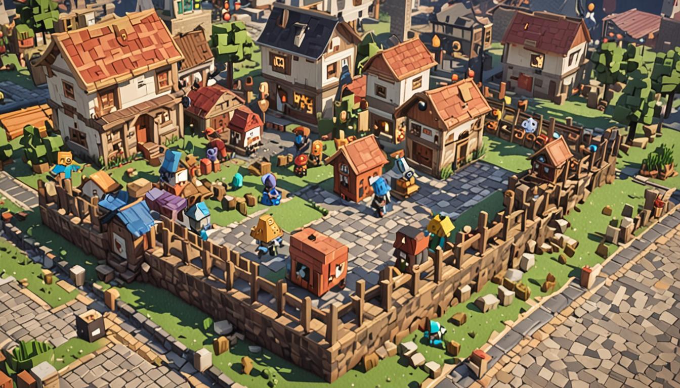 A chaotic Minecraft village scene with blocky, pixelated houses where cubic villagers with large square heads are crouching behind their wooden and cobblestone structures, covering their rectangular ears with their blocky hands. In the center of the village square stands a mischievous Minecraft character named Tootcreep with a round, bloated belly, surrounded by colorful sound wave effects emanating from his body causing nearby grass blocks, dirt blocks, and stone blocks to literally bounce and hop in the air like rubber balls with exaggerated motion lines. The village buildings show classic Minecraft architecture with oak wood planks, cobblestone foundations, and red clay tile roofs, all rendered in the signature blocky, pixelated style. In the foreground, a Minecraft player character holds a steaming bowl of Bubbly-Root Stew, depicted as a wooden bowl filled with a fizzing, sparkling orange-brown liquid with visible bubble particles floating above it, the stew glowing with magical enchantment effects in purple and gold sparkles. The atmosphere is filled with dynamic motion as various Minecraft blocks - grass, dirt, cobblestone, and wood planks - are suspended mid-air around Tootcreep, creating a whirlwind of bouncing cubic objects. The lighting suggests daytime with bright, clear Minecraft-style lighting casting sharp shadows from the geometric structures, while particle effects from the magical stew and the sound waves add visual chaos to the peaceful village setting.