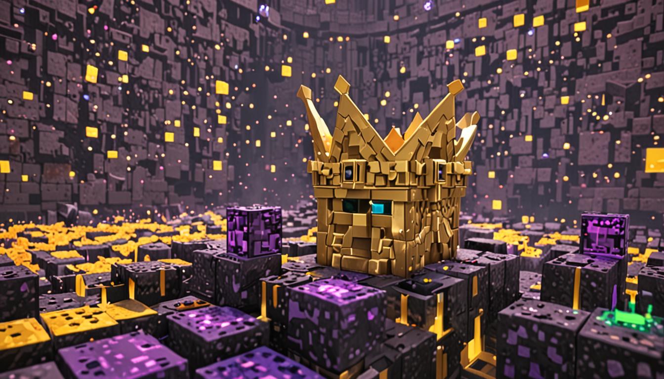 A Minecraft-style blocky scene featuring a magnificent golden crown with pixelated cubic gems and intricate square patterns sitting atop a player character's blocky head, the crown glowing with warm yellow light particles. The character stands before a large obsidian portal frame embedded with glowing purple Echo-Gems that pulse with vibrant purple, blue, and green light effects in classic Minecraft particle style. A peculiar contraption called the "Burp-o-Meter" sits nearby, constructed from iron blocks, redstone components, and glass panes with colorful indicator lights, all rendered in perfect cubic Minecraft aesthetics. The portal itself swirls with dynamic purple and blue particle effects, creating a mesmerizing vortex of blocky energy that illuminates the surrounding stone brick platform. Rainbow-colored light beams emanate from the character in pixelated streams, while magical sparkle particles dance through the air in typical Minecraft enchantment style. The entire scene is bathed in the mystical glow of the activated portal, with torch-like lighting creating dramatic shadows on the cubic landscape, and a bowl of steaming Bubbly-Root Stew visible nearby, complete with pixelated steam particles rising from its blocky surface.