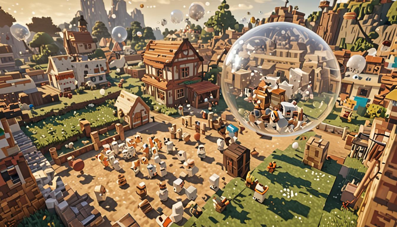 A vibrant Minecraft village scene with blocky, pixelated characters celebrating as a large, translucent bubble bounces a comical villain character named Tootcreep across the distant landscape, his square body getting smaller as he disappears into the horizon. In the foreground, several white and brown blocky Minecraft chickens are scattered around, having just stopped their magical spinning dance and now pecking at the ground normally with their characteristic jerky movements. Excited Minecraft villagers with their distinctive large noses and brown robes are emerging from behind colorful wool block houses and wooden structures, raising their blocky arms in celebration and cheering. The main character stands proudly in the center, rendered in classic Minecraft player style with square limbs and a pixelated face showing triumph. The village is decorated with festive banners and torches, suggesting preparation for a portal-powered festival, with warm golden lighting from glowstone blocks and lanterns creating a joyful atmosphere across the cubic landscape dotted with oak trees and cobblestone paths.