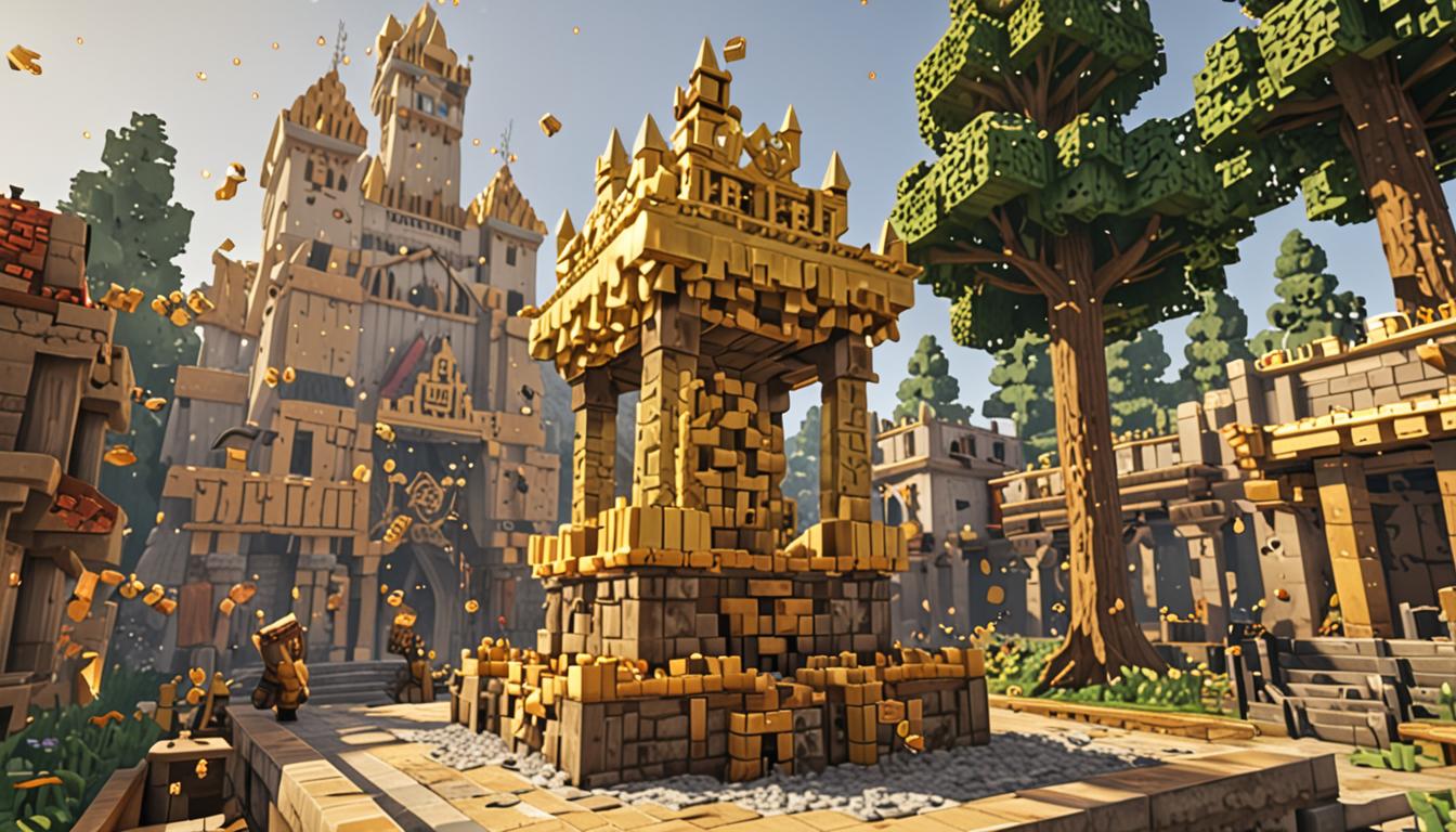 A Minecraft village scene with blocky, pixelated architecture featuring a magnificent Golden Burp Crown made of gleaming gold blocks with intricate cubic patterns and glowing yellow particles emanating from it, sitting atop a wooden pedestal in the village center. The crown has distinctive blocky spikes and golden ingot textures with shimmering enchantment effects swirling around it. Surrounding the crown are several white and brown Minecraft chickens in various dancing poses, their blocky bodies twisted in comical circular motions with motion lines and small dust particles around their feet. In the background, colorful festival decorations made of wool blocks, banners, and lanterns hang between cobblestone and oak wood village buildings with their characteristic square windows and doors. A large Nether portal structure glows with purple obsidian blocks and swirling violet particles, positioned prominently near the festival area with magical energy streams connecting it to the Golden Burp Crown. The entire scene is bathed in warm, festive lighting with torches and glowstone blocks illuminating the celebration, while confetti-like colored particles float through the air, creating a joyful and magical atmosphere in true Minecraft's distinctive blocky, low-resolution aesthetic.
