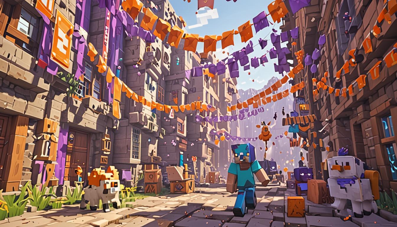 A vibrant Minecraft village festival scene with blocky, pixelated decorations and colorful banners hanging between cubic buildings, featuring a young Minecraft character with a proud expression standing next to a glowing purple Nether portal that sparkles with magical energy particles. A worried-looking blocky chicken companion with orange and white cubic feathers stands loyally beside the character, while friendly villagers with their characteristic large noses and brown robes smile warmly in the background. The scene includes festive elements like blocky lanterns, pixelated streamers, and cube-shaped celebration blocks scattered around the village square, with a menacing brass-colored Creeper lurking in the shadows but appearing defeated. The portal emits swirling purple and blue particles that seem to be powered by magical green burp clouds floating around it, creating a whimsical atmosphere where the unusual power source has transformed from embarrassment into heroic celebration. The lighting captures a warm, golden hour glow across the blocky landscape, with the portal's mystical purple light contrasting beautifully against the earthy brown and green tones of the Minecraft village buildings and surrounding pixelated terrain.