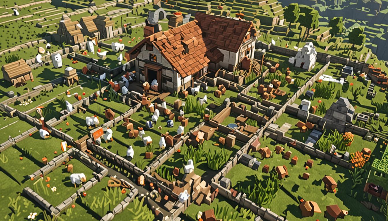 A sprawling Minecraft village scene set in the blocky, pixelated Tickle-Grass Plains biome with vibrant green grass blocks stretching across rolling hills, featuring a central Minecraft player character with their mouth wide open mid-burp, surrounded by dozens of white and brown blocky Minecraft chickens spinning in perfect circular formations throughout the cobblestone pathways and dirt roads. The chickens display animated wing-flapping motions with their square, pixelated bodies creating whimsical dance patterns that completely obstruct the village's blocky stone brick roads and wooden plank bridges. In the background, a collection of traditional Minecraft village buildings with oak wood walls, cobblestone foundations, and red terracotta roofs create the charming Bubble Village setting, while sound wave particles rendered in Minecraft's distinctive blocky style emanate from the player character, visualizing the thunderous burp echoing across the landscape. The scene captures a bright, cheerful daytime atmosphere with soft blocky clouds in a blue pixelated sky, emphasizing the silly and magical nature of the moment where the powerful burp has enchanted every chicken in the village to dance simultaneously, creating both wonder and chaos in equal measure.