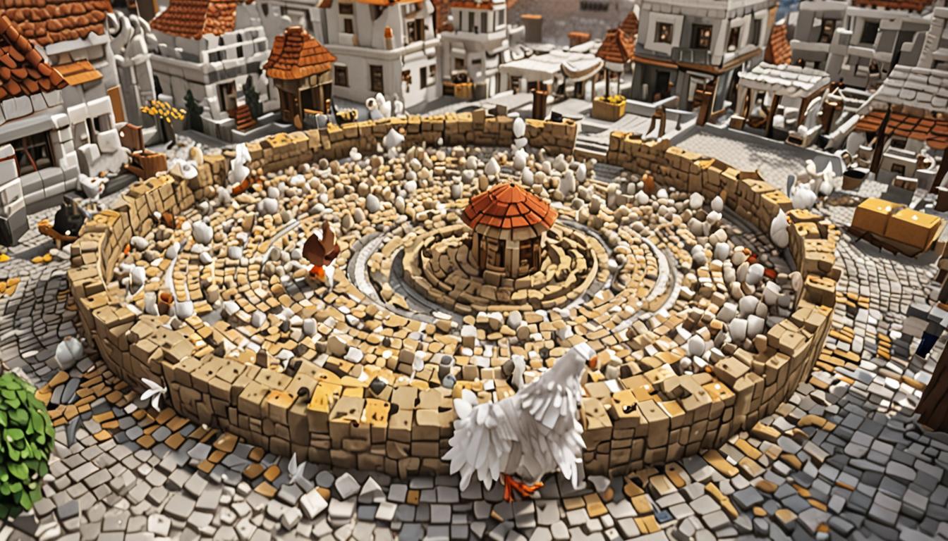 A chaotic Minecraft village scene with blocky, pixelated chickens spinning wildly in circles, their cubic white feathers scattered everywhere across the cobblestone ground like fluffy white blocks. In the center, a confused blocky chicken named Cluckfart with slightly larger cubic proportions dances awkwardly among other spinning chickens, all rendered in classic Minecraft's angular, low-resolution style with bright white feathers and orange beaks. Nearby, a grumpy-looking Minecraft villager character called Tootcreep stands with an annoyed expression, his blocky brown robes fluffing out as green particle effects and small puff clouds emanate from him, indicating his loud tooting sounds. The village square is filled with other cubic Minecraft villagers slipping and sliding on the feather-covered stone blocks, their arms flailing as they try to catch the dizzy chickens, creating a comedic scene of blocky chaos. The entire scene is lit with Minecraft's characteristic bright, flat lighting, showing scattered white feather blocks floating in the air and covering the ground, while the stone brick village buildings form a pixelated backdrop to this hilarious barnyard pandemonium.