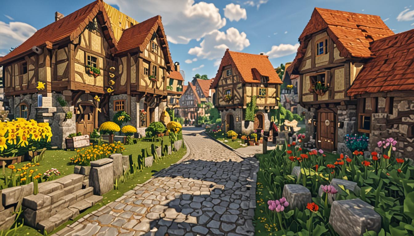 A peaceful Minecraft village scene on a bright Tuesday morning with cobblestone pathways winding between blocky wooden houses with oak plank walls and dark oak roofs. In the center of the village square stands Tootcreep, an extraordinary brass-colored creeper with a gleaming metallic golden-yellow pixelated texture that reflects the bright sunlight streaming down from above. His blocky creeper body features spinning gear mechanisms on both sides - detailed bronze and copper-colored rotating cogs and wheels that are visibly turning with pixelated motion blur effects. The mechanical creeper's surface has a polished brass sheen with darker bronze accents along the edges of his rectangular segments, and small steam particles or metallic sparkles emanate from the spinning gears. The village square is paved with gray cobblestone blocks, and wooden villager houses with glass block windows line the streets in the background. Bright morning sunlight casts distinct blocky shadows across the scene, illuminating the metallic creeper's unusual brass coloring and making the spinning gears glint and sparkle. Small dust particle effects rise from the cobblestone where the mechanical creeper moves, and the overall atmosphere captures a moment of surprise and wonder in this typically peaceful Minecraft village setting.