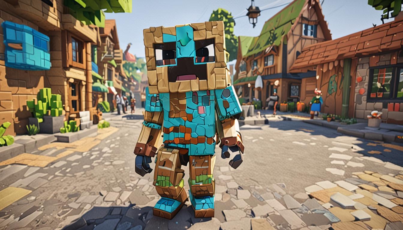 A cheerful Minecraft-style character named Burpy standing in the center of a blocky village square, featuring distinctive pixelated diamond armor with bright reflective surfaces and a glowing green creeper face emblem prominently displayed on the chest piece. The character has brown, cube-shaped blocky hair that appears to be mid-bounce, with bright blue square-shaped eyes that sparkle with pixelated light effects, and a wide pixelated smile showing pure excitement. Burpy is captured mid-bounce with legs bent and arms slightly raised, demonstrating the bouncy, energetic movement described, with small motion blur effects around the blocky limbs. The surrounding village consists of typical Minecraft blocky buildings made of cobblestone, wood planks, and stone bricks, with square windows and doors, while several standard Minecraft villager NPCs with their characteristic brown robes and large noses stand in the background, some with skeptical expressions rendered in simple pixelated faces. The scene is bathed in warm, blocky sunlight with distinct Minecraft-style lighting and shadows, creating a vibrant and optimistic atmosphere that reflects Burpy's peppy personality, with the diamond armor casting prismatic light reflections across the cobblestone ground in a distinctly pixelated, cubic pattern.