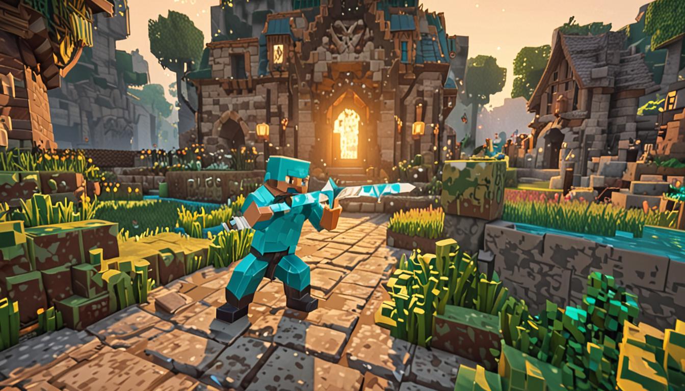 A Minecraft village scene at dawn with warm golden sunlight casting long blocky shadows across cobblestone paths and stone brick buildings. In the foreground, a pixelated player character with blocky limbs practices sword combat moves while wielding a glowing teal enchanted diamond sword that emanates bright cyan particles and magical sparkles. Behind the character stands a traditional Minecraft stone well made of cobblestone blocks with a wooden bucket hanging from oak wood planks and rope. The well's circular stone structure reflects the sword's teal glow, creating shimmering light effects on the rough stone block surfaces. Several blocky villager NPCs with their characteristic brown robes and large cubic heads are scattered throughout the scene, some waving with their rectangular arms while others tend to their daily tasks near wooden houses with slanted roofs made of oak stairs and cobblestone foundations. In the distant background, ominous dark storm clouds gather on the horizon above spruce forest biome, with faint red glowing eyes barely visible between the pixelated tree blocks, suggesting approaching danger. The entire scene maintains Minecraft's signature low-resolution, blocky aesthetic with sharp edges, cubic forms, and the game's distinctive lighting system creating atmospheric depth and mood.