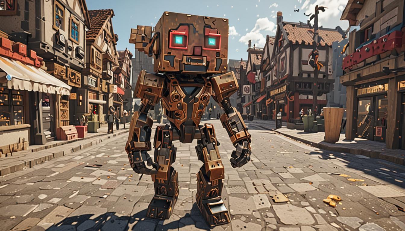 A menacing Minecraft-style mechanical villager named Tootcreep stands in the center of a bustling blocky village square, his body constructed from pixelated brass and copper blocks with spinning gear mechanisms visible on his chest and limbs. The character has glowing red cube eyes and a metallic horn-like protrusion from his mouth, with steam particles emanating from various joints in his blocky mechanical frame. Surrounding him are dozens of panicked Minecraft villagers with their characteristic brown robes and large cubic noses, some covering their ears with blocky hands while others flee toward their simple stone and wood block houses. The village setting features classic Minecraft architecture with cobblestone pathways, wooden plank buildings with slanted roofs, and iron lanterns casting warm yellow light that contrasts with Tootcreep's cold metallic gleam. Sonic wave particles rendered as translucent blue and white blocks ripple outward from Tootcreep's horn, while musical note blocks float around him in pixelated form, creating an atmosphere of mechanical menace mixed with the rustic charm of a typical Minecraft village scene.
