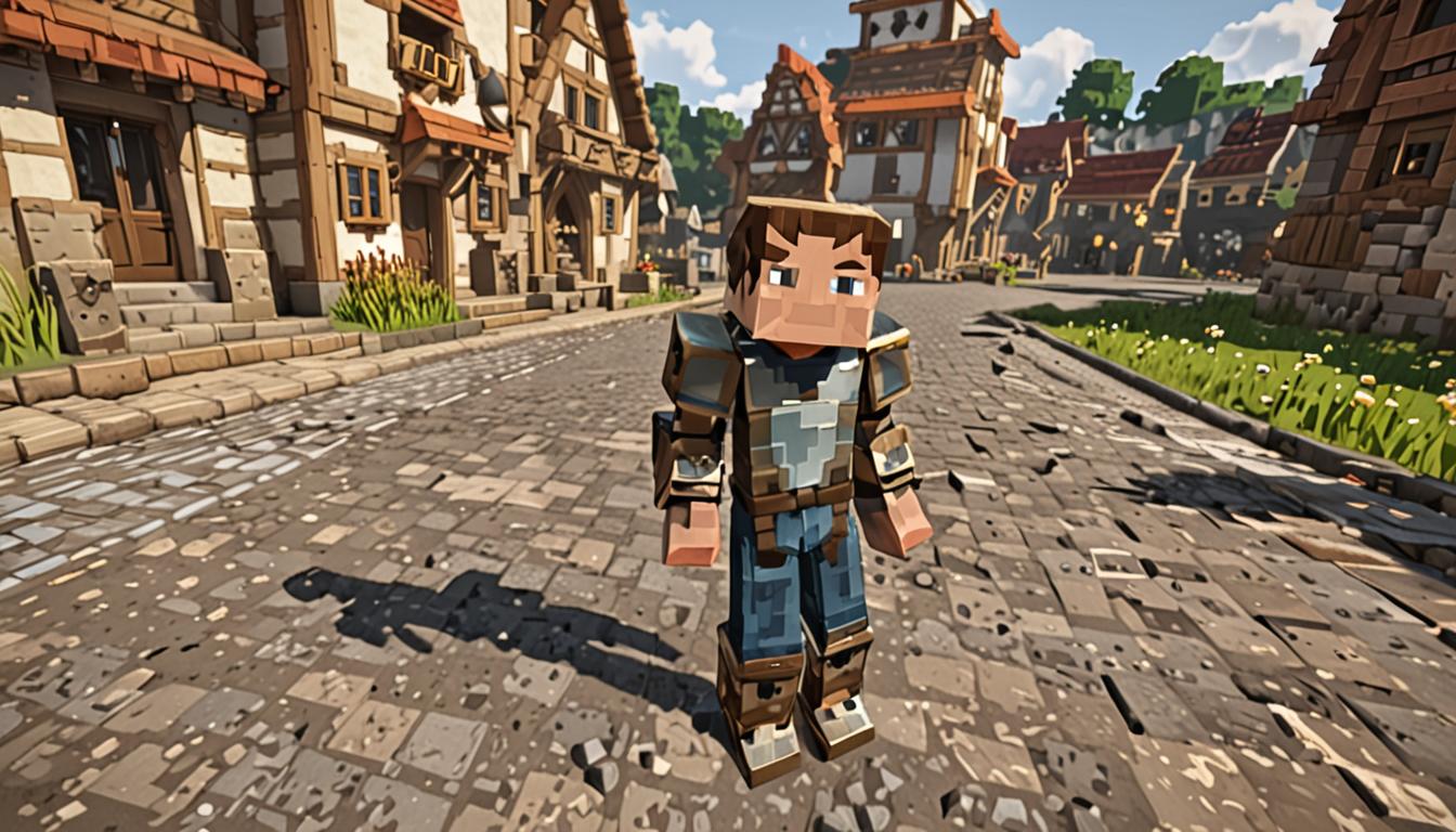 A young Minecraft player character stands heroically in a pixelated village square, wearing gleaming diamond or iron armor that reflects brilliant afternoon sunlight with blocky metallic textures and sharp geometric highlights. The character's blocky form is positioned in a confident stance with arms slightly raised, casting angular shadows on the cobblestone ground beneath. In the background, a menacing villager-like antagonist named Tootcreep lurks with dark, corrupted textures and glowing red eyes, surrounded by swirling dark particle effects that contrast sharply with the warm, golden afternoon lighting. The village setting features classic Minecraft architecture with wooden houses, stone pathways, and colorful flower blocks, all bathed in warm orange and yellow sunlight filtering through pixelated clouds. The scene captures a moment of dramatic confrontation with the hero's armor creating brilliant light reflections while maintaining the signature blocky, cubic aesthetic of Minecraft's visual style.