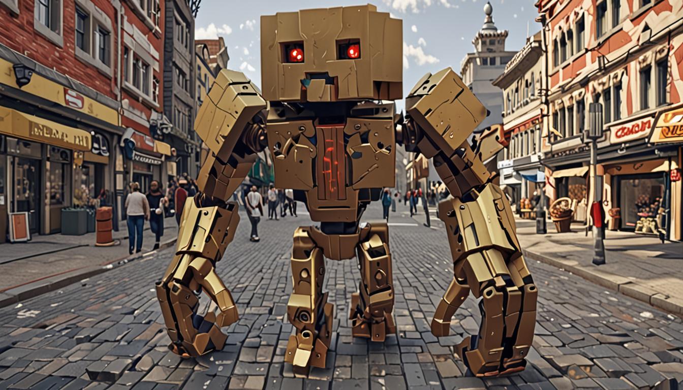 A menacing Minecraft-style mechanical villain named Tootcreep stands in a blocky, pixelated town square, constructed entirely of brass-colored blocks with spinning gear mechanisms protruding from his cubic torso and limbs, his angular head featuring glowing red pixel eyes and a speaker-like mouth opening. The scene shows him mid-attack, with visible sonic wave effects rendered as translucent orange and yellow cubic particles streaming from his mouth toward a Minecraft player character who is diving and rolling to the side in a dynamic action pose. Behind the rolling player character stands an ornate Minecraft fountain made of stone blocks and water source blocks, but the water has been transformed into bright orange liquid blocks that cascade down in perfect cubic streams, creating a striking contrast against the gray stone structure. The entire scene is rendered in classic Minecraft's distinctive blocky, low-resolution pixel art style with sharp edges and cubic geometry, set in a medieval town square with cobblestone pathways, blocky buildings in the background, and dramatic lighting that casts angular shadows across the pixelated landscape.