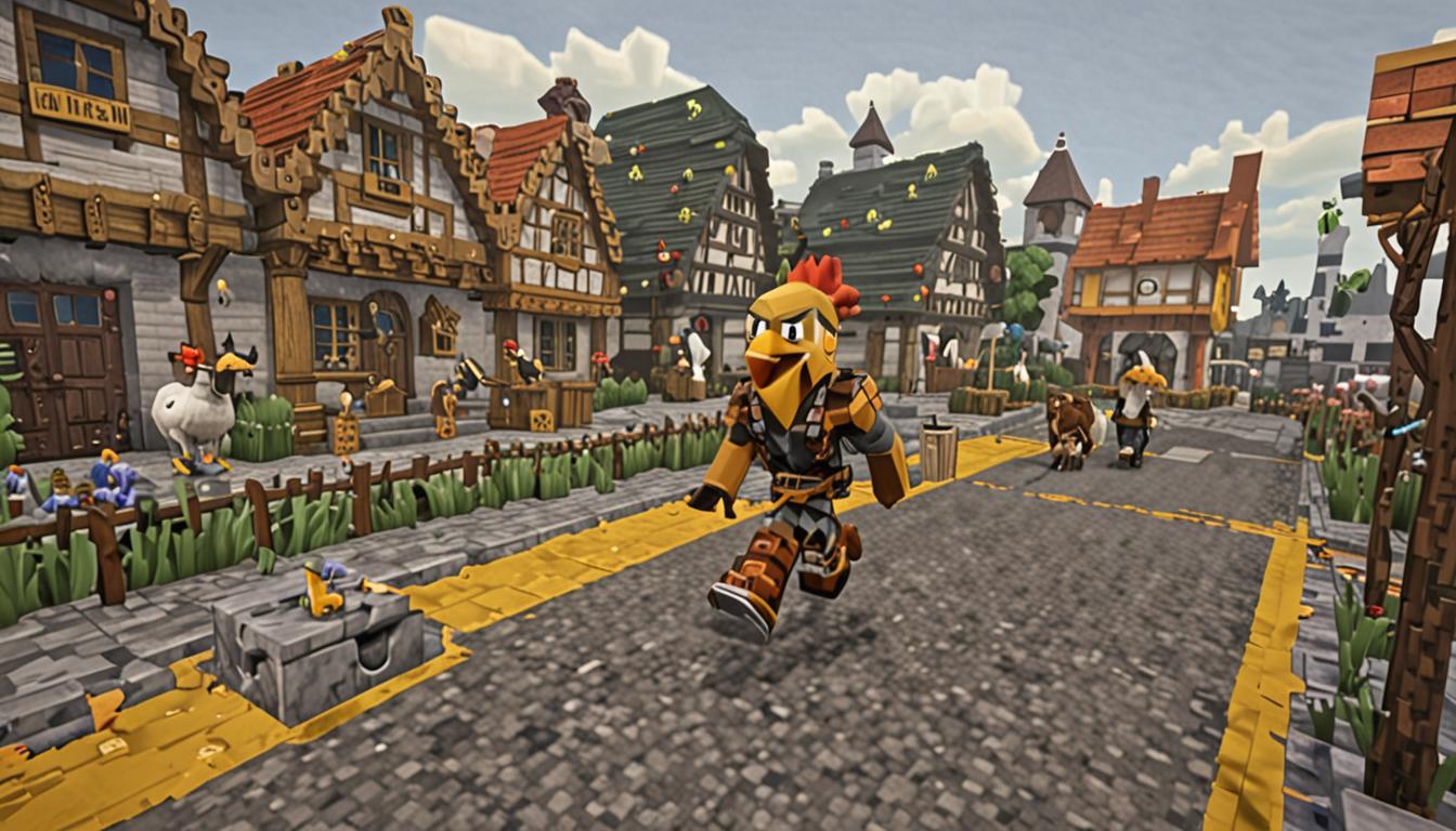 A Minecraft village square scene with blocky cobblestone pathways and wooden structures in the background, featuring a pixelated character named Cluckfart running with distinctive blocky legs in motion. The character wears mismatched armor consisting of gray iron boots with metallic cubic textures, brown leather pants with stitched blocky patterns, and a unique golden chicken-beak helmet that gleams with yellow-orange pixelated metallic surfaces and has a distinctive curved beak shape protruding forward. Cluckfart's blocky arms carry a bundle of orange-yellow Minecraft torches with wooden stick handles and glowing flame tops, alongside several cooked porkchops with their characteristic pink-brown cubic meat texture and slightly charred edges. The village square features typical Minecraft architecture with oak wood planks, cobblestone blocks, and small windows, while warm sunlight casts blocky shadows across the pixelated ground, creating an atmosphere of friendship and adventure as the armored character rushes to help with supplies ready for their quest.