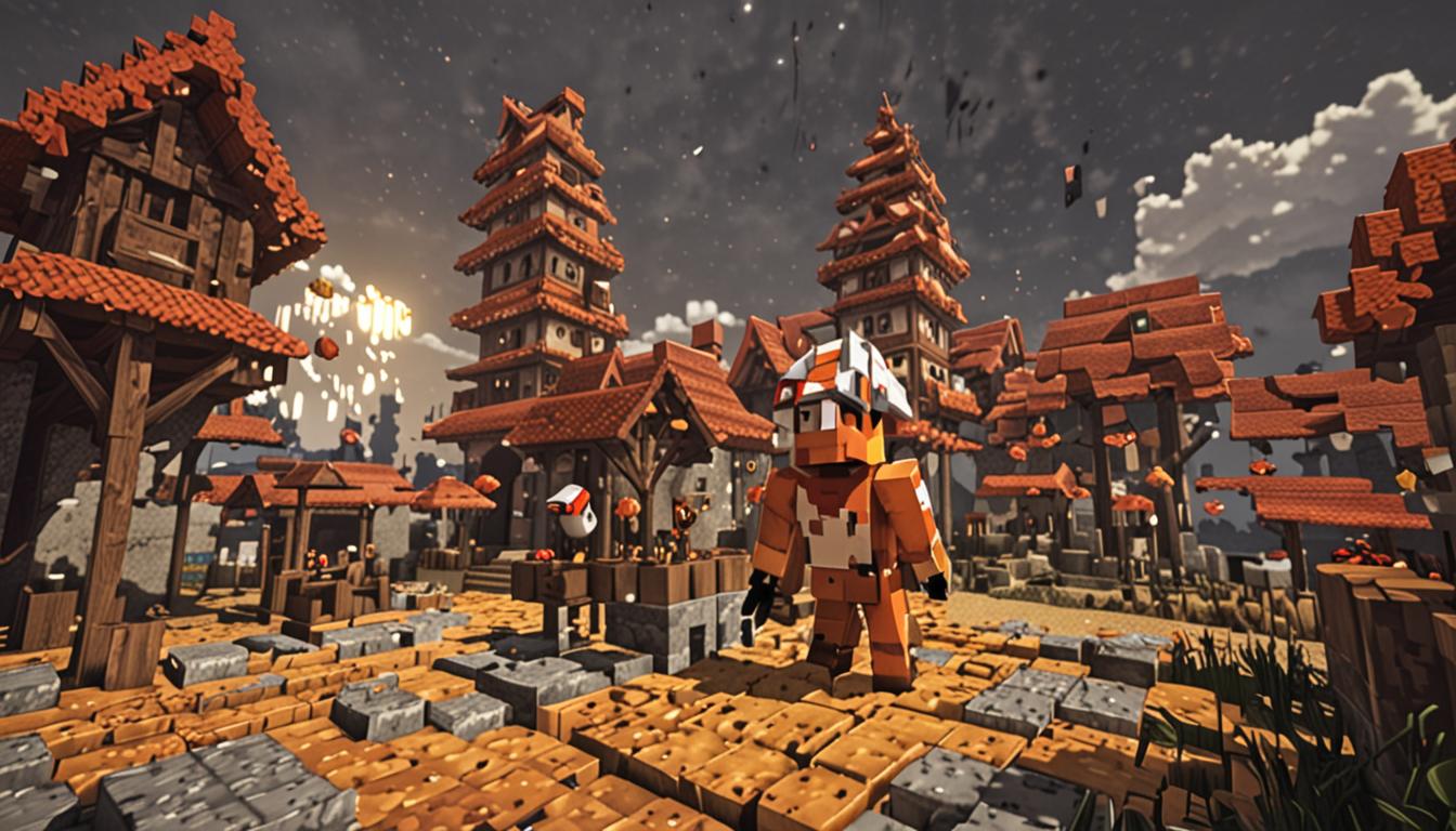 A dramatic Minecraft village scene with blocky, pixelated architecture featuring cobblestone walls and wooden structures under a tense, darkened sky. In the foreground, a Minecraft character wearing a distinctive chicken-shaped helmet made of white and red pixelated blocks stands alertly, his blocky form casting sharp shadows on the ground. Explosive blast effects rendered in bright orange and yellow cubic particles streak through the air past the helmeted character, creating dynamic motion trails in the classic Minecraft particle style. On the village's blocky stone wall, a skeletal archer with white pixelated bones and glowing eye sockets draws back a brown wooden bow, the bowstring taut and ready to release a sharp arrow. The village behind them shows typical Minecraft buildings with oak wood planks, cobblestone foundations, and torch lighting creating warm yellow glows against the threatening atmosphere. Dust and debris particles float in cubic, blocky formations around the scene, while the overall lighting suggests an urgent, action-packed moment with dramatic shadows and highlights emphasizing the tension of the confrontation.