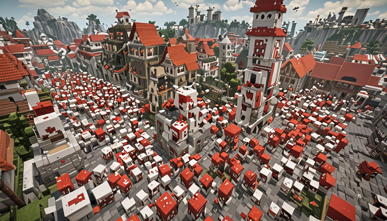 A dramatic Minecraft village scene showing the aftermath of a spectacular TNT tower collapse, with dozens of red and white pixelated TNT blocks scattered and bouncing across a cobblestone village square like oversized blocky dice. In the center, a Minecraft character named Cluckfart is scrambling to his feet, wearing a distinctive white and red chicken-shaped helmet that sits slightly askew on his blocky head, his pixelated arms outstretched in an apologetic gesture. The collapsed tower's remaining stone and wooden support blocks are crumbling in the background, creating dust particle effects in typical Minecraft style. The village square features classic Minecraft architecture with cobblestone paths, wooden houses with oak plank walls and dark oak roofs, and iron-barred windows, all rendered in the game's signature blocky, pixelated aesthetic. Warm afternoon lighting casts blocky shadows across the scene, with the TNT blocks creating a chaotic but colorful red pattern against the gray cobblestone ground, while villager NPCs peek out from doorways in the background, their large pixelated eyes wide with surprise at the commotion.