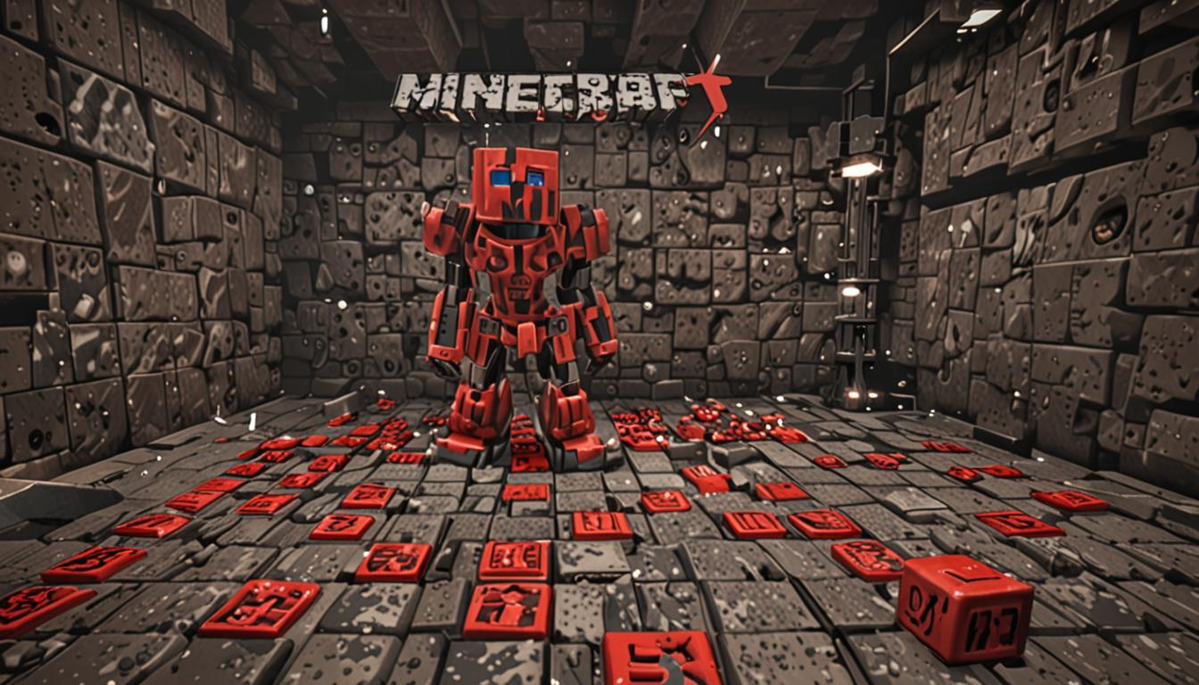 A chaotic Minecraft dungeon scene with numerous red TNT blocks bouncing and rolling across dark stone brick floors like giant pixelated marbles, their characteristic red surfaces with black "TNT" lettering clearly visible in the blocky Minecraft style. The mechanical villain Tootcreep dominates the center - a large, intimidating Minecraft-style robot character constructed from brass-colored blocks and iron blocks, with spinning gear mechanisms visible on his blocky torso and limbs, steam particles emerging from various joints, and glowing red pixel eyes expressing maniacal glee. The underground chamber features rough cobblestone walls with torch lighting casting dramatic orange flickering light that creates dancing shadows across the chaotic scene. Multiple TNT blocks are captured mid-bounce at various heights and angles, some tilted and rotating, creating a sense of frantic movement and danger throughout the pixelated environment. The brass-colored mechanical character's blocky arms are raised in a triumphant pose, with visible gear rotations and steam effects emphasizing his mechanical nature, while the warm torch lighting contrasts with the cold stone textures to create an atmosphere of impending explosive chaos in true Minecraft aesthetic.