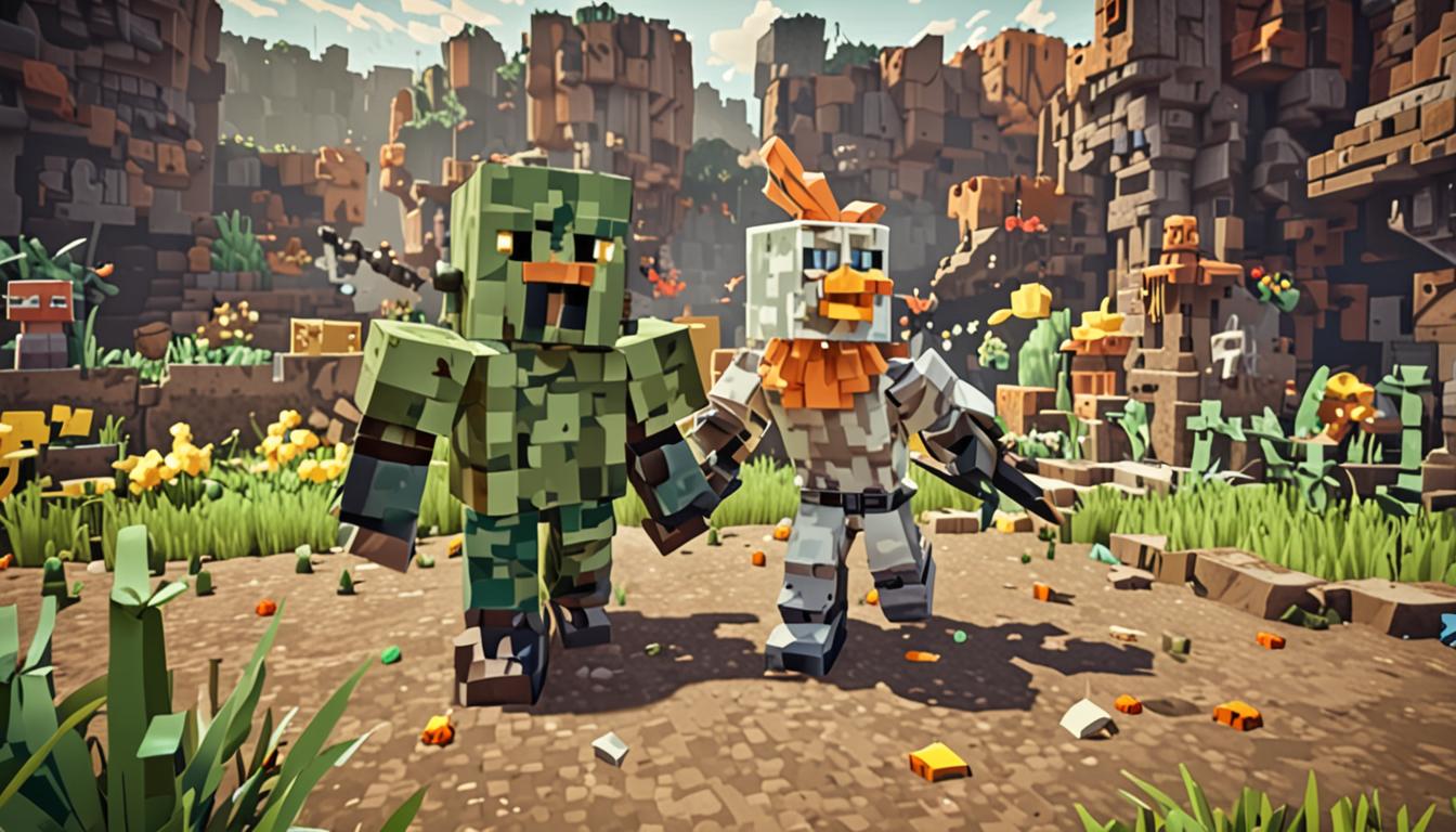 A Minecraft-style scene featuring three blocky, pixelated characters in a tense confrontation - Burpy, a green-tinted player character pointing forward with determination, Cluckfart, a yellow and orange chicken-like character with ruffled feathers still regaining balance and making nervous expressions, and the menacing Tootcreep, a mechanical boss mob constructed from dark iron blocks with prominent spinning brass gear mechanisms visible on its chest and limbs. The brass gears are rendered in bright golden-yellow pixelated blocks with intricate rotating patterns, gleaming with metallic Minecraft-style lighting effects as they spin rapidly in clockwise motion. Tootcreep's imposing form towers over the other characters, constructed from dark gray and black blocks with glowing red eyes, while mechanical steam particles and gear-turning sound effect visualizations emanate from its spinning components. The underground cavern setting features rough stone block walls with torch lighting casting dramatic shadows, creating an atmosphere of mechanical menace and heroic determination as Burpy prepares to unleash burbling sound waves toward the spinning gear mechanisms in this pivotal quest moment.
