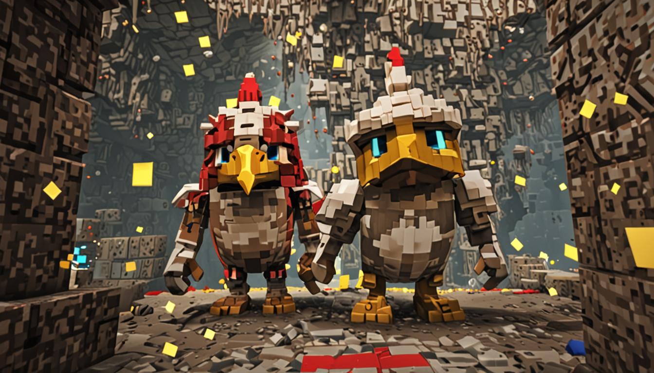A Minecraft scene showing a blocky, pixelated character wearing a distinctive chicken-shaped helmet made of white and red blocks, with feathered textures and a beak-like protrusion, standing in an underground cave or dungeon setting. The character's blocky eyes are glowing with excitement behind the helmet's eye holes, rendered in bright yellow pixels. Around the character are various Minecraft mob-related items scattered on the ground - note blocks, redstone dust forming circuit patterns, and sound-producing devices like jukeboxes and bells, all rendered in the classic blocky Minecraft style. The cave walls are made of cobblestone and stone blocks with torches providing warm orange lighting that creates dramatic shadows. In the background, faint outlines of hostile mobs can be seen in the darker areas of the cave, while the foreground shows the character in a planning pose, with his blocky arms gesturing toward the sound equipment. The overall atmosphere combines the tension of dungeon exploration with the excitement of strategic planning, all rendered in Minecraft's signature pixelated, cubic art style with vibrant colors and sharp block edges.