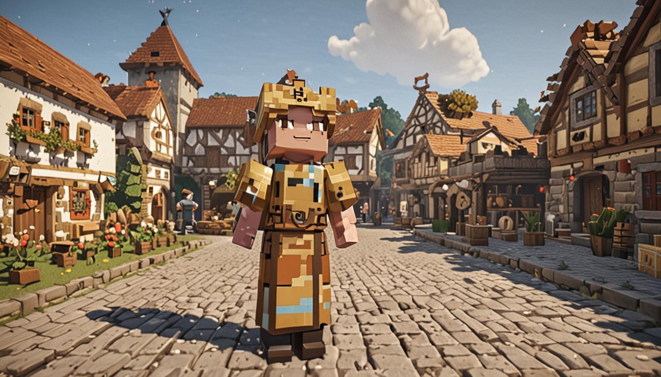 A bustling Minecraft village square rendered in classic blocky, pixelated style with cobblestone pathways and wooden plank buildings surrounding the scene. In the center stands Mrs. Blocksworth, a friendly villager NPC with her characteristic brown robes and crossed arms, her blocky mouth open in song with musical note particles floating around her head in golden pixels. Nearby, Farmer Joe appears as a typical Minecraft villager wearing a straw hat made of yellow wool blocks, holding a diamond hoe while musical notes in green pixels drift from his direction. Several small villager children with oversized blocky heads gather around, their arms raised in joy with colorful confetti-like particles and rainbow musical notes surrounding them. At the center of this musical chaos stands Tootcreep, a unique mechanical creature constructed from brass-colored blocks and iron ingots, featuring visible spinning gear mechanisms made of gold blocks that appear confused and erratic, rotating in different directions with steam particles and question mark symbols floating above. The entire scene is bathed in warm afternoon lighting typical of Minecraft, with long blocky shadows cast across the cobblestone ground and the village buildings featuring classic Minecraft architecture with oak wood frames and stone brick details.