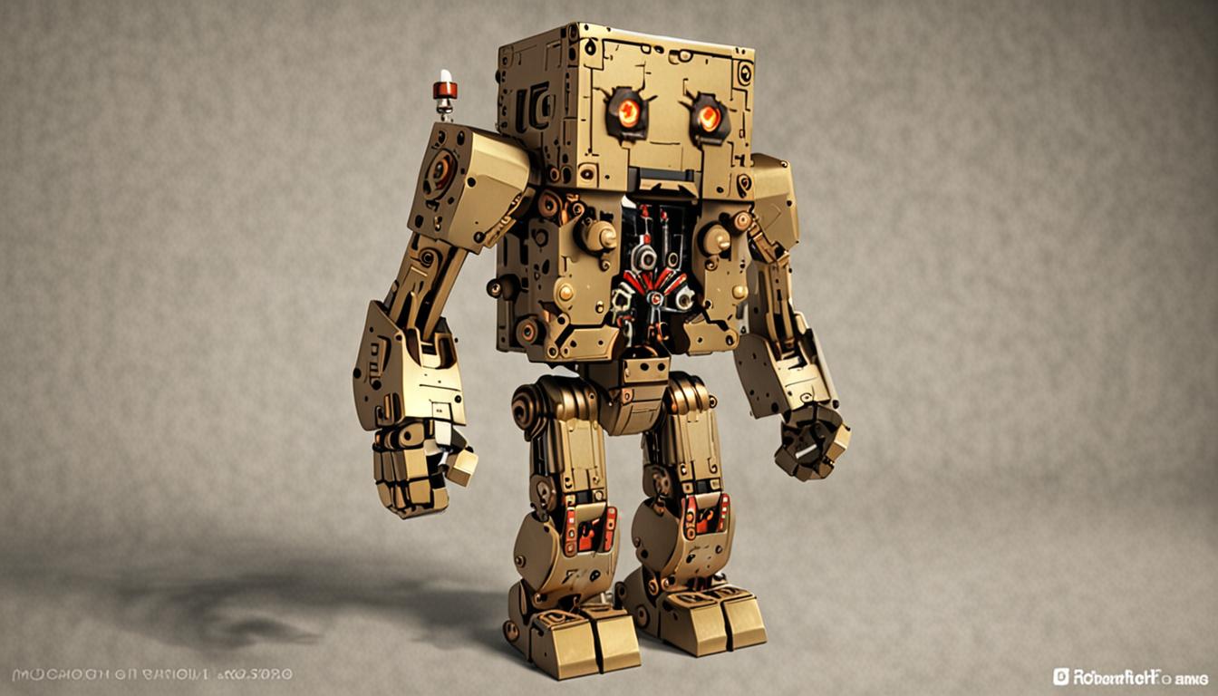 A Minecraft-style robotic character named Tootcreep constructed entirely from blocky brass-colored blocks and pixelated mechanical components, with visible square gears, pistons, and redstone circuits integrated into his cubic body structure. The brass robot's blocky form is visibly shaking and malfunctioning, with sparking redstone dust particles and glitched pixelated effects emanating from his joints and mechanical parts. His cubic head features glowing red pixelated eyes that flicker erratically, while steam and error particles burst from various openings in his blocky chassis. The scene is set in a cheerful Minecraft village with colorful blocky houses, pixelated villagers with happy expressions, and musical note particles floating through the air. Bright, warm lighting illuminates the village square with its cobblestone paths and flower-decorated buildings, creating a stark contrast between the joyful, harmonious village atmosphere and the chaotic, malfunctioning brass robot whose mechanical systems are clearly overwhelmed by the peaceful sounds around him.