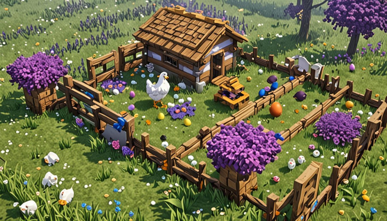 A chaotic Minecraft village scene showing the aftermath of a powerful sonic blast, with a blocky pixelated chicken coop made of oak wood planks and fencing where several white Minecraft chickens are surrounded by bright purple eggs scattered on the grass blocks instead of normal white eggs. Nearby, a stone brick blacksmith building with an open wooden chest reveals the contents completely scrambled - where iron ingots should be, there are now raw fish items with their distinctive pink and gray pixelated textures floating and spilling out of the container. In the background, a large wheat field shows the dramatic transformation with golden wheat crops that have popped completely out of the tilled dirt blocks, creating a popcorn-like explosion effect with wheat items scattered high in the air above the farmland, while a blocky Minecraft farmer villager character in brown robes stands nearby looking shocked. The entire scene is rendered in classic Minecraft's distinctive blocky, pixelated art style with vibrant colors and the characteristic lighting that casts soft shadows across the grass and cobblestone paths of the village.