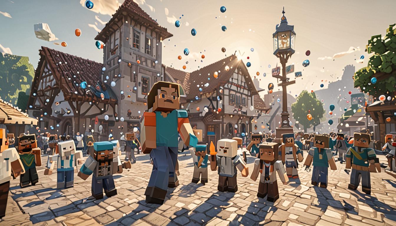 A triumphant Minecraft scene showing a blocky, pixelated player character standing proudly in the center of a bustling village square, surrounded by jubilant villagers with their arms raised in celebration. The main character has a joyful expression with visible bubble particles floating around them, rendered in Minecraft's distinctive blocky style with bright blue and white pixelated bubble effects. In the background, a menacing mechanical contraption called "Tootcreep" features large brass-colored gear blocks that are visibly spinning in reverse, with golden and bronze pixelated textures gleaming in the sunlight. The village setting includes classic Minecraft cobblestone paths, wooden plank houses with blocky architecture, and emerald-robed villagers cheering with pixelated confetti particles scattered through the air. Warm golden sunlight bathes the entire scene, creating dramatic shadows between the cubic blocks and highlighting the hero's moment of glory, while the brass mechanical gears show clear signs of malfunction with dark smoke particle effects rising from their reversed rotation.