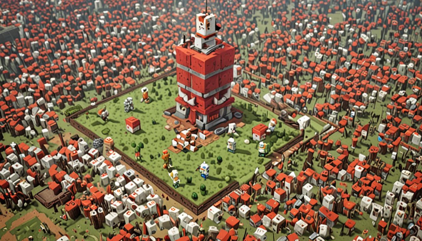 A chaotic Minecraft scene featuring two blocky pixelated characters standing amidst the aftermath of an explosive adventure, with a toppled TNT tower made of red and white cubic TNT blocks scattered across the ground, some still smoking with small pixelated particle effects. The main character, a standard Minecraft player with blocky arms and legs, stands next to Cluckfart, a unique chicken-like mob companion with nervous, wide pixelated eyes and slightly ruffled square feathers, both rendered in classic Minecraft's distinctive cubic art style. In the background, mysterious hostile mobs lurk in the shadows, their glowing red eyes visible through the blocky terrain, while the landscape shows typical Minecraft biome features with grass blocks, stone, and dirt arranged in the game's signature stepped, pixelated formation. The lighting has a warm, adventurous glow typical of Minecraft's day-night cycle, with golden sunlight filtering through the cubic clouds above, casting blocky shadows that emphasize the partnership between the two unlikely allies. Scattered around the scene are various Minecraft items like wooden tools, cobblestone blocks, and redstone dust, all rendered in the game's iconic low-resolution, pixelated texture style that makes everything appear constructed from perfect cubes and rectangular shapes.