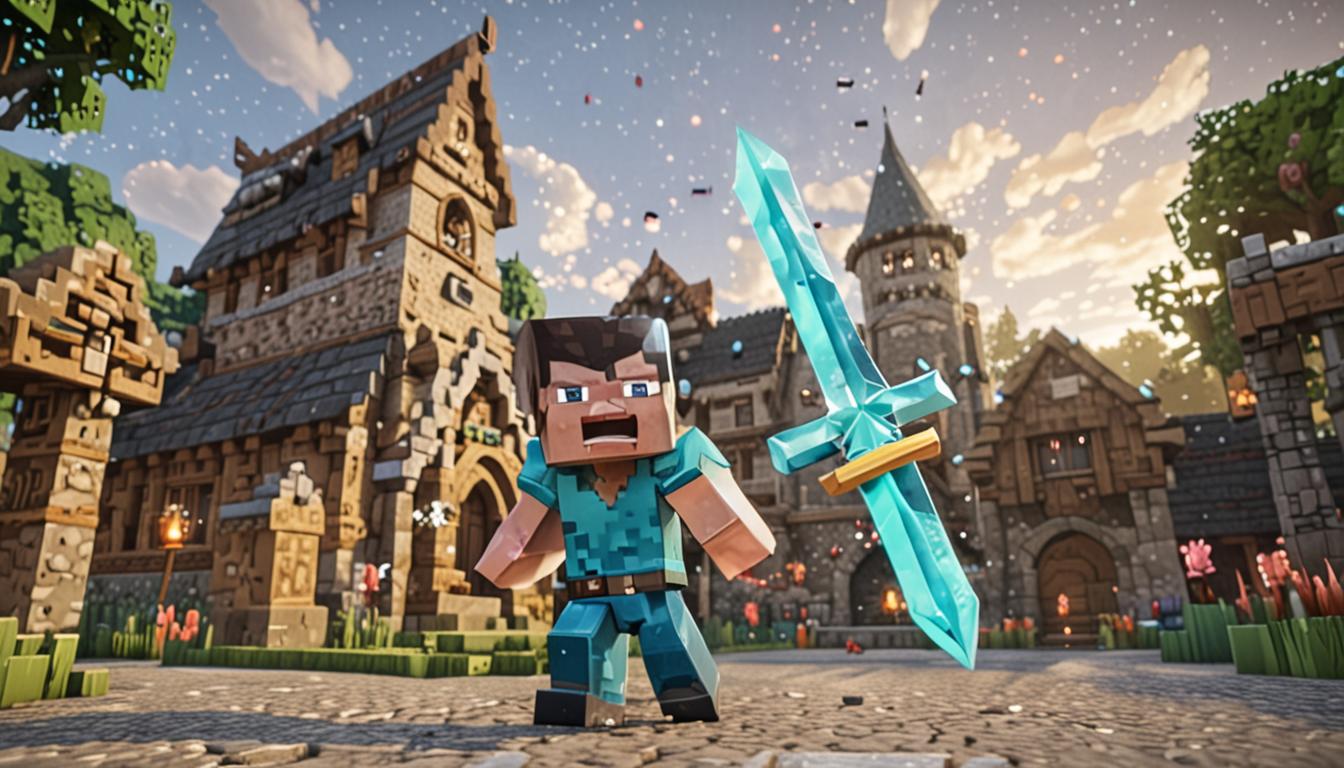 A Minecraft village scene with blocky stone buildings in the background, where a pixelated player character stands in the center holding a glowing teal diamond sword with enchanted sparkles and magical aura effects radiating from the blade. The character has their mouth open in a joyful expression, with visible sound wave particles emanating outward in blocky, pixelated form. Several Minecraft villagers with their characteristic brown robes and large noses are gathered in a semicircle around the practicing player, their blocky faces showing happy expressions with upturned pixel mouths. The stone block walls and cobblestone paths reflect the magical teal glow from the enchanted sword, creating atmospheric lighting that bounces off the angular surfaces. Particle effects float through the air showing the sound waves as small, glittering cubic particles that echo and bounce off the surrounding stone block architecture, while the villagers' eyes sparkle with delight as they watch the joyful sword practice session in this cozy Minecraft village square.
