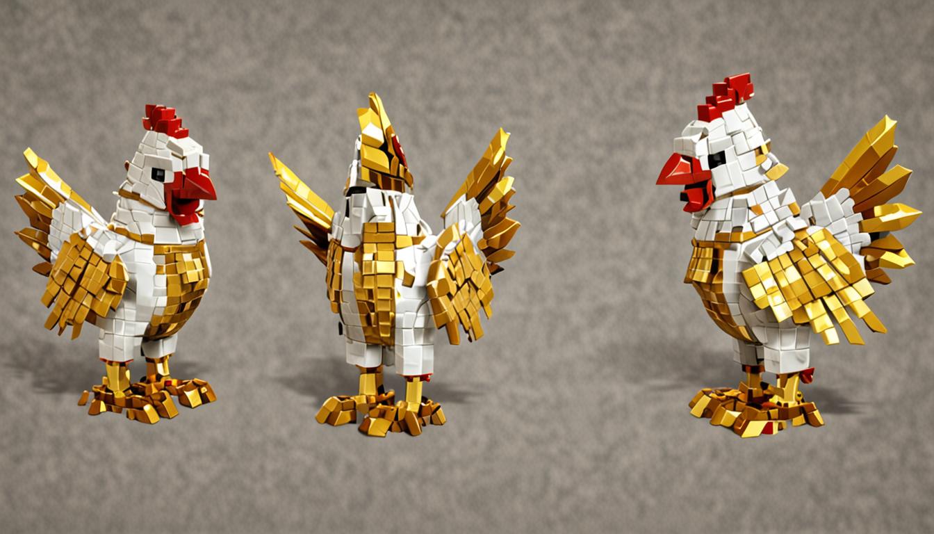 A blocky Minecraft chicken character wearing a gleaming golden helmet shaped like a chicken beak, crafted from pixelated gold blocks with detailed cubic textures and bright yellow shine. The chicken has the classic Minecraft mob appearance with white feathered blocks, red comb pixels, and orange blocky feet, standing proudly in a heroic pose with wings slightly spread. The golden beak helmet fits perfectly over the chicken's head, featuring intricate blocky details with metallic reflections and cubic geometric patterns typical of Minecraft armor pieces. The scene is set in a vibrant Minecraft landscape with grass blocks, stone terrain, and soft ambient lighting that makes the golden helmet gleam brilliantly. The chicken's posture conveys confidence and pride, with pixelated particles or sparkles around the golden helmet suggesting its magical or legendary properties. The overall atmosphere captures a sense of heroism and triumph, with the golden armor piece standing out as a symbol of courage and achievement in the classic Minecraft blocky, pixelated art style.