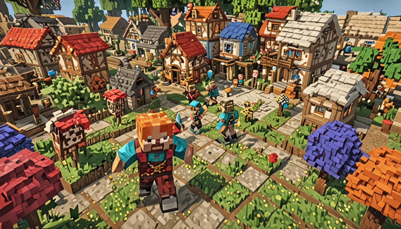 A vibrant Minecraft village scene with blocky, pixelated buildings made of colorful wool blocks, cobblestone, and oak wood planks, bustling with cheerful activity and celebration. In the center stands a young Minecraft player character with a bright, enthusiastic expression, wearing a colorful tunic made of dyed leather armor, with arms raised triumphantly in a bouncy, energetic pose. Beside him is his companion character, a quirky sidekick with a chicken perched on his shoulder and several more pixelated chickens wandering around his feet, creating a whimsical atmosphere. The village square is filled with happy Minecraft villagers in their distinctive brown robes, some clapping with blocky hands raised, others cheering with animated expressions, all rendered in the classic Minecraft art style. Colorful banners and flags made of wool blocks hang from the village buildings, and confetti-like particles float through the air, suggesting a joyous celebration. The lighting is warm and golden, casting soft shadows on the cobblestone paths, with the overall scene radiating happiness, acceptance, and triumph in true Minecraft fashion.