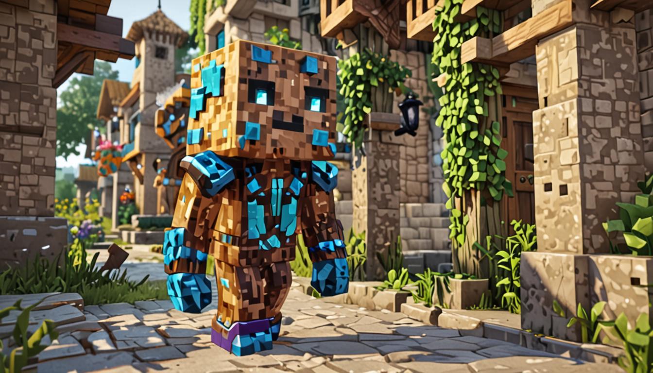 A cheerful Minecraft character named Burpy standing in the center of a peaceful blocky village, with distinctive brown block-shaped pixelated hair that appears to bounce with movement and bright blue square eyes that sparkle with energy. The character wears gleaming enchanted diamond armor with purple magical shimmer effects, featuring a prominent glowing green creeper face design on the chest plate that emits a soft emerald light. In one blocky hand, Burpy holds a shiny teal-colored diamond sword with enchanted sparkles and magical glints, while the other arm carries a wooden shield decorated with an intricate crafting table pattern showing the classic 3x3 grid design. The peaceful village background features typical Minecraft houses with cobblestone foundations, oak wood walls, and red clay tile roofs, surrounded by friendly villagers with their characteristic brown robes and large noses going about their daily activities. The scene has warm, bright lighting with soft shadows cast by the blocky buildings, and small details like flowers, grass blocks, and stone pathways create a welcoming atmosphere that captures Burpy's energetic and helpful personality within the familiar pixelated Minecraft aesthetic.