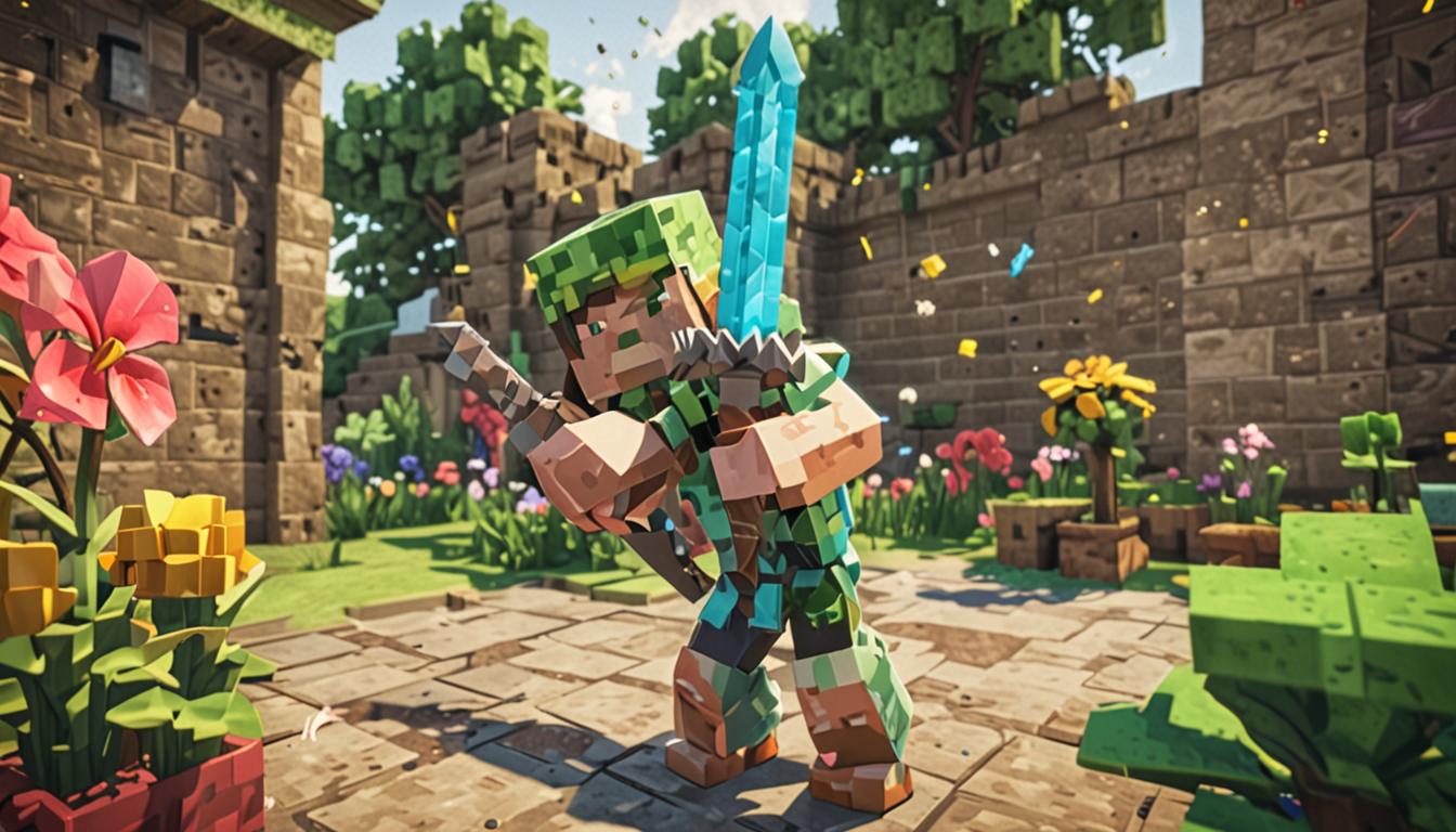 A determined young Minecraft slime character with bright green blocky gelatinous texture practicing sword combat moves in a pixelated backyard scene, wielding a diamond sword with characteristic blue-tinted blade and brown handle. The slime bounces high into the air mid-swing, leaving a slight motion blur trail, while colorful cubic flower blocks in red, yellow, and pink are scattered below from a neighboring garden area. Several white blocky chickens with orange beaks flee in different directions with wings spread, while black and white spotted cubic cows stand nearby with confused expressions and open mouths. The backyard features emerald green grass blocks, a wooden fence made of oak planks, and Mrs. Villager's pristine flower garden with neatly arranged tulip and dandelion blocks. Warm afternoon lighting casts soft shadows across the scene, highlighting the slime's glossy surface texture and the vibrant colors of the scattered flower blocks, creating an atmosphere of playful determination mixed with minor chaos in this peaceful Minecraft village setting.
