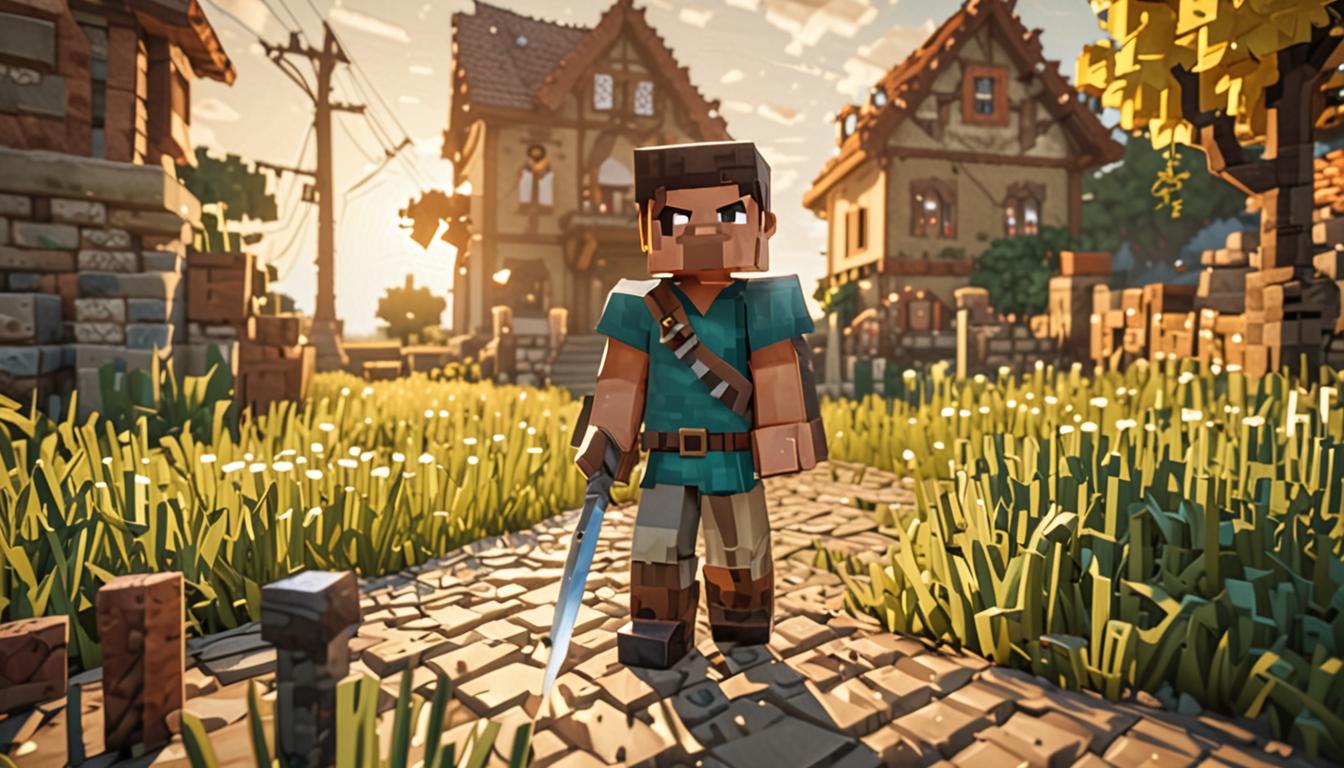 A Minecraft-style blocky, pixelated scene showing a worried player character with cubic features holding a diamond or iron sword in one hand and a wooden shield in the other, standing alert in a sunny village setting with golden morning sunlight casting sharp geometric shadows across blocky grass terrain. The character displays concerned facial expressions through simple pixelated eyes and mouth on their square head. In the background, a dense Minecraft forest made of oak and birch trees with cubic trunks and leafy block canopies looms ominously, with mysterious metallic clanking sounds seemingly emanating from its dark depths between the trees. Beside the main character stands a quirky chicken companion named Cluckfart, rendered in Minecraft's distinctive blocky animal style with white feathered cube body, orange beak, and red comb, appearing agitated with animated wing movements and nervous posture. The village setting features typical Minecraft architecture with cobblestone paths, wooden plank houses with blocky rooflines, and peaceful morning atmosphere contrasted by the underlying tension of an unknown metallic threat lurking in the forest shadows. Warm golden sunlight illuminates the pixelated scene while creating dramatic lighting effects on the characters' cubic armor and weapons, emphasizing the moment of alert readiness before investigating the mysterious disturbance.
