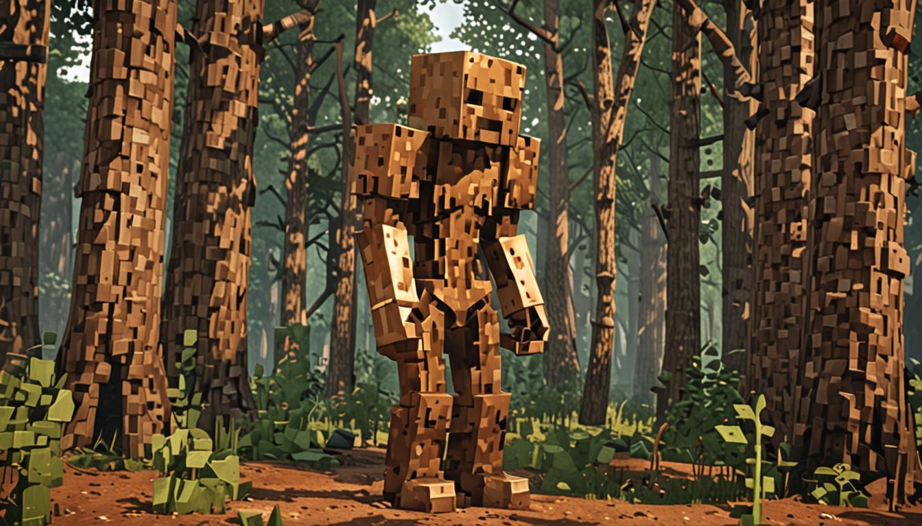 A menacing brass-colored Creeper with a distinctive metallic, copper-toned blocky texture stands in a dark Minecraft forest clearing, its pixelated body gleaming with reflective bronze surfaces that catch dim forest light filtering through blocky oak and birch trees. The unusual Creeper has stubby, short blocky legs beneath its cubic torso, creating an imposing yet oddly proportioned figure that contrasts sharply with typical green Creepers. Surrounding the brass Creeper, dense Minecraft forest blocks create a shadowy atmosphere with dark oak logs, leafy green cube canopies, and scattered brown dirt blocks on the forest floor. The scene captures a tense, threatening mood with dramatic lighting casting long pixelated shadows between the trees, while small particles of dust or steam seem to emanate from the metallic Creeper's joints, suggesting the source of mechanical clanking sounds. The overall composition emphasizes the alien nature of this brass-colored threat against the familiar green blocky landscape of a typical Minecraft woodland environment, with rich browns, deep greens, and the striking metallic bronze of the unusual Creeper creating a visually striking contrast that conveys both mystery and danger.