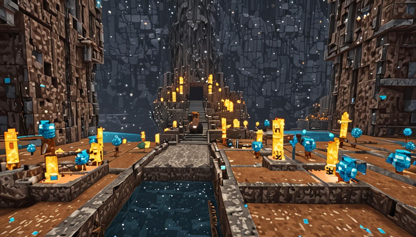A tense Minecraft scene showing two blocky, pixelated characters - Cluckfart and Burpy - standing anxiously near the entrance to sprawling underground diamond mines, their square faces displaying worried expressions through simple pixel art features. The diamond mines stretch deep into the earth with glowing blue diamond ore blocks scattered throughout dark stone corridors, illuminated by flickering torches mounted on cobblestone walls. In the background, Minecraft villagers with their characteristic brown robes and large noses can be seen working diligently with iron pickaxes, mining precious blue diamond blocks that sparkle with pixelated light effects. The threatening presence of Tootcreep looms in the distance as a menacing blocky figure with glowing red eyes, surrounded by swirling sonic wave effects rendered in translucent, rippling blocks that distort the air around the carefully organized mining tunnels. The scene captures the approaching winter atmosphere with subtle blue-tinted lighting and frost effects on the surface blocks visible through mine shaft openings, while chests filled with glowing diamond items sit precariously near the mining operations, representing months of hard work that could be destroyed. The overall mood is one of impending danger and urgency, with the warm glow of torchlight contrasting against the cold, threatening shadows that seem to creep closer to the valuable diamond reserves.