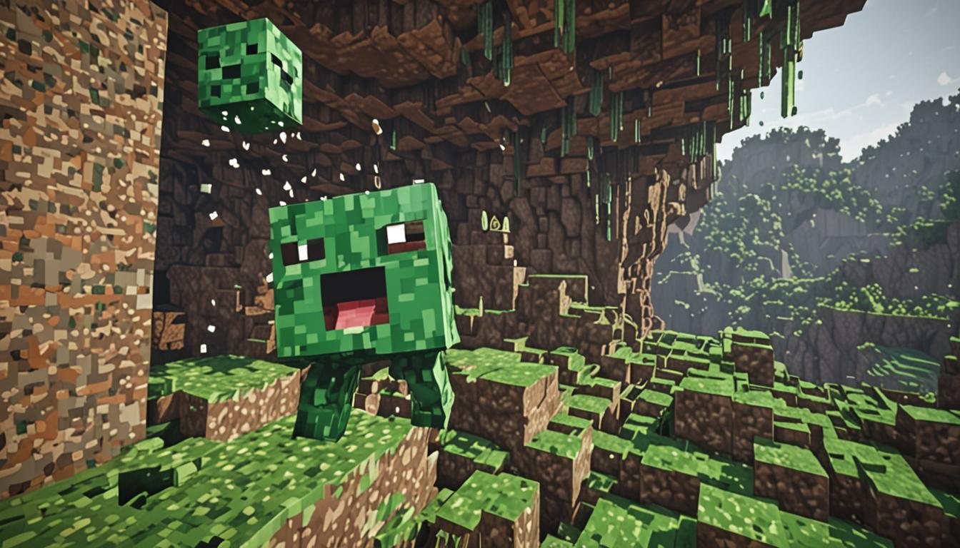 A dramatic Minecraft scene showing a blocky, pixelated character mid-air after bouncing extremely high off a bright emerald green slime block near a dark cave entrance. The character has exaggerated surprised facial features with wide pixelated eyes and an open mouth, arms flailing in classic Minecraft style as they soar through the air much higher than normal. Below, the distinctive translucent green slime block sits prominently on the ground with its characteristic gelatinous, bouncy texture rendered in blocky Minecraft pixels. The mine entrance looms in the background as a dark, shadowy opening carved into gray stone blocks and cobblestone, with wooden support beams visible. Another Minecraft character named Tootcreep stands nearby the cave entrance, looking up at the bouncing character with a surprised expression. The lighting captures the moment of impact and launch, with dust particles and motion lines rendered in pixelated style around the slime block. The entire scene maintains the classic Minecraft aesthetic with sharp, blocky edges and vibrant colors against a natural outdoor environment of grass blocks and scattered stone.