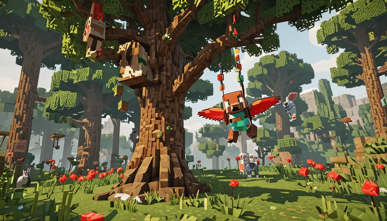 A Minecraft player character with blocky, pixelated features hanging suspended from thick brown oak tree branches in a dense forest biome, arms and legs dangling helplessly in mid-air. Below on the grassy forest floor, several Minecraft animals have gathered including white and brown blocky rabbits with twitching square noses, colorful red and green parrots perched on low branches with their beaks open as if squawking, and other woodland creatures like foxes and wolves looking up curiously. The forest setting features tall oak and birch trees with cubic brown trunks and green leafy canopies, dappled sunlight filtering through creating patches of light and shadow on the blocky grass blocks below. In the background, the entrance to a dark mine shaft is visible with stone blocks and wooden support beams, suggesting recent activity. The overall atmosphere conveys a moment of comedic misfortune with the suspended character appearing frustrated while the gathered animals observe with apparent amusement, all rendered in Minecraft's distinctive blocky, pixelated art style with sharp edges and cubic forms.