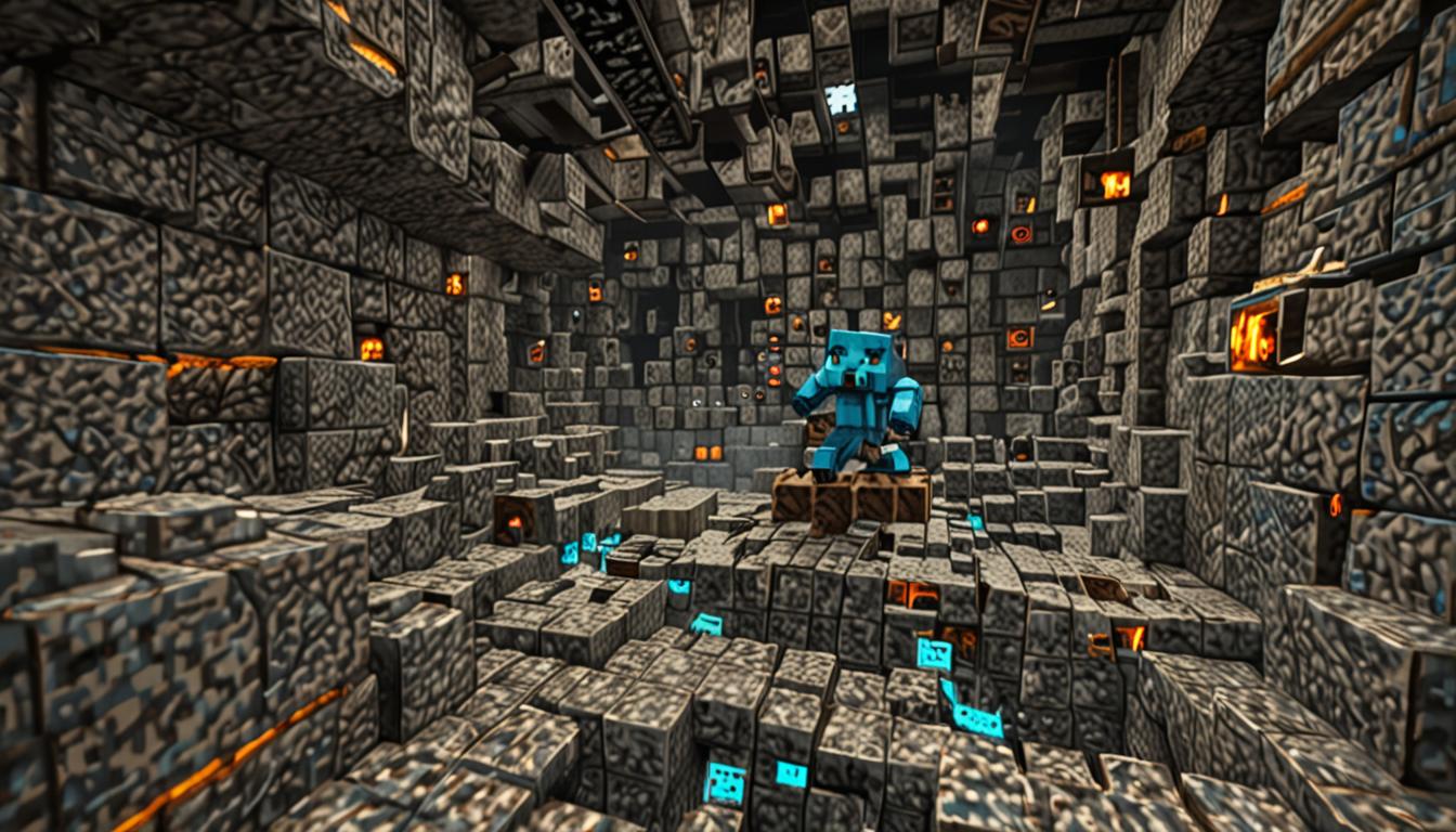 A dramatic Minecraft scene set deep underground in a sprawling diamond mine cavern with blocky stone walls embedded with glowing blue diamond ore blocks scattered throughout the rocky surfaces. In the center stands Tootcreep, a menacing blocky Minecraft character with a dark pixelated body, positioned dramatically with his mouth open wide as if preparing to unleash a powerful sonic attack, with visible sound wave particles rendered in Minecraft's cubic style emanating from his form. The cavern floor is littered with precious diamond blocks and diamond ore, their signature bright blue cubic crystals catching the dim torchlight from wall-mounted torches that cast flickering orange and yellow light across the pixelated stone surfaces. Two other blocky Minecraft characters are positioned nearby - the narrator character with an excited expression and Cluckfart, both rendered in classic Minecraft player skin style with cubic heads and bodies. The atmosphere is tense yet filled with anticipation, with dramatic lighting creating deep shadows between the stone blocks while highlighting the sparkling diamond deposits, and subtle particle effects suggesting the buildup of Tootcreep's impending sonic attack in the underground mining chamber.
