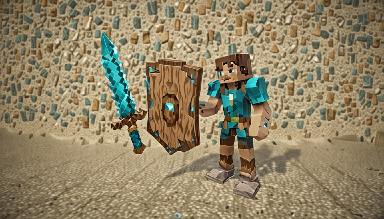 A blocky Minecraft player character with pixelated features stands in a defensive stance, holding a brown wooden shield crafted from oak planks at a precise angle while gripping a gleaming teal diamond sword with its distinctive cyan-blue blade and dark handle. The shield displays the classic Minecraft wooden plank texture with visible grain patterns, while the diamond sword emanates a subtle magical glow with sharp, angular edges typical of Minecraft's blocky aesthetic. Behind the player, a massive explosion of colorful sonic energy bursts upward into the pixelated sky, creating spectacular firework-like effects with vibrant blocks of light in multiple colors - brilliant blues, radiant purples, glowing yellows, and shimmering whites that cascade and sparkle against the cubic cloud formations. The village setting features traditional Minecraft buildings with cobblestone foundations, wooden log walls, and slanted roofs made of various colored blocks, all rendered in the game's signature blocky style. The ground is covered in grass blocks with their characteristic green tops and brown dirt sides, while the entire scene is illuminated by the magical light show reflecting off every pixelated surface, creating dramatic shadows and highlights that emphasize the cubic nature of the Minecraft world.