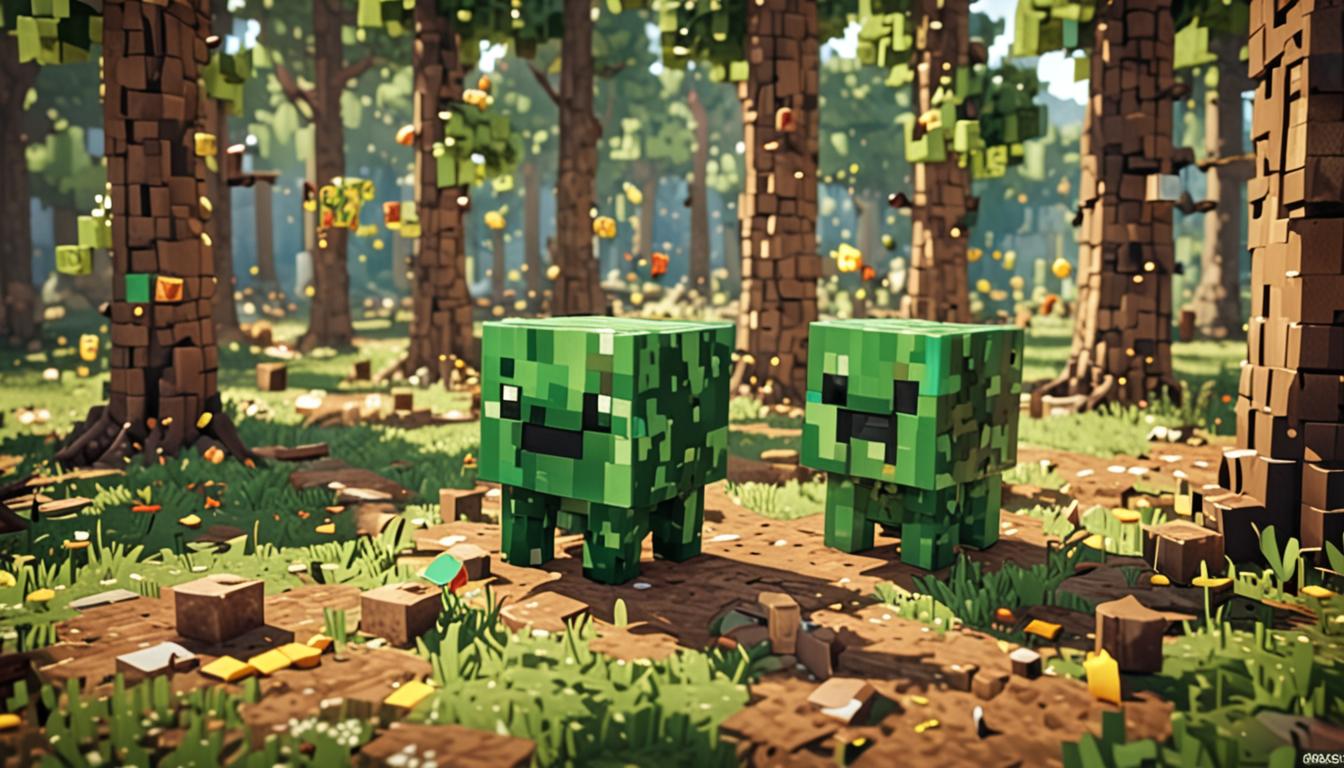 A heartwarming Minecraft scene featuring a unique slime character with a bright, translucent green blocky body that appears to be joyfully bouncing in a pixelated forest clearing, surrounded by tall oak and birch trees with square leaves and brown cubic trunks. The slime has a cheerful expression with simple black dot eyes and is positioned near a tree where it appears to have been previously stuck upside-down, with some leaves still clinging to its gelatinous surface. In the background, several other Minecraft characters including a player avatar, a villager, and various friendly mobs are gathered together in a collaborative pose, suggesting teamwork and unity. The scene is bathed in warm, golden sunlight filtering through the blocky canopy, creating dappled light patterns on the grass blocks below. Colorful particles and sparkles emanate from the slime character, representing its renewed confidence and joy, while the overall atmosphere conveys themes of acceptance, friendship, and the strength found in diversity. The pixelated environment includes scattered flowers, mushrooms, and other natural Minecraft elements that enhance the peaceful, uplifting mood of this moment of self-discovery and community support.