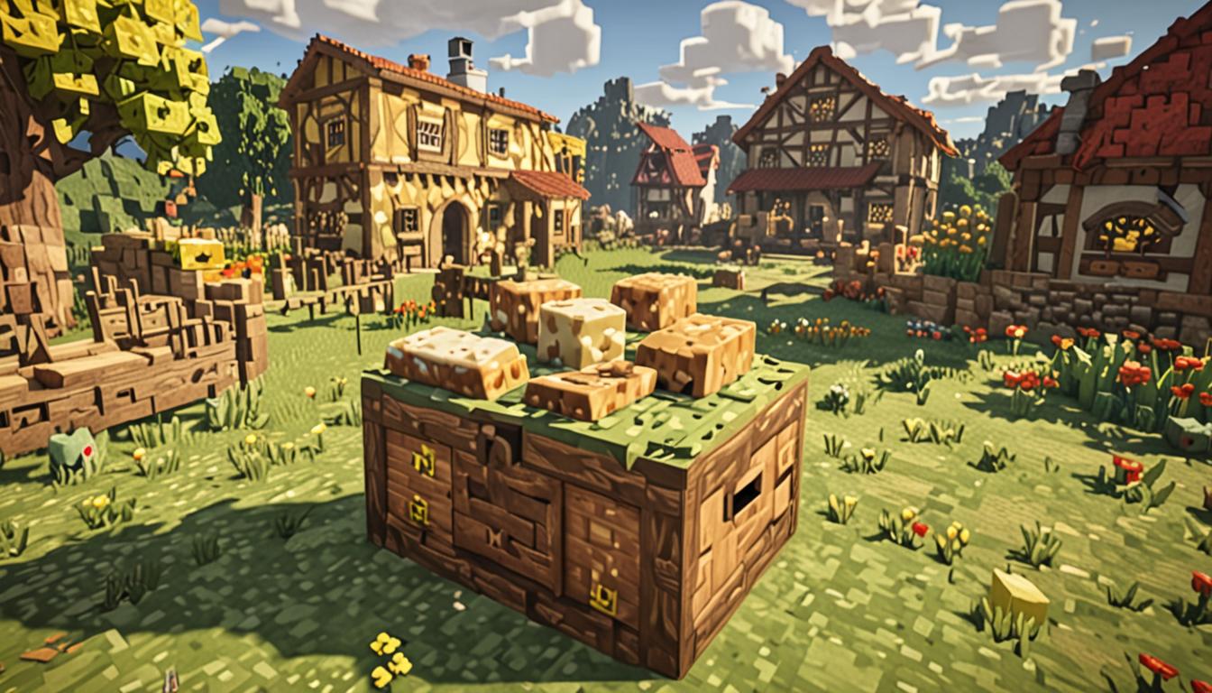 A Minecraft village scene on a bright sunny morning with golden sunlight streaming through blocky clouds, showing a wooden crafting table and chest with various food items in different stages of magical transformation. Fresh blocky bread loaves with brown pixelated crusts are morphing into yellow-white cheese blocks with green stink particles floating above them, while red pixelated apple items are becoming round, squishy yellow cheese spheres with a glossy texture. Orange carrot items are transforming into elongated orange cheese stick blocks, all emitting small green particle effects to indicate their unpleasant smell. The village setting features cobblestone paths, wooden houses with oak plank walls and stone foundations, and concerned Minecraft villagers with their characteristic blocky bodies, brown robes, and large pixelated noses, covering their faces with their hands in disgust. The morning lighting casts warm yellow and orange hues across the scene, with shadows creating depth on the blocky terrain and structures, while the transformed food items sit on wooden tables and in item frames, creating an atmosphere of magical chaos in this peaceful Minecraft village setting.