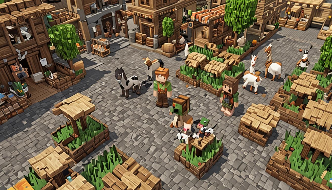 A Minecraft village scene featuring a young blocky villager character with brown pixelated hair and simple green tunic, standing in the center of a cobblestone marketplace surrounded by wooden market stalls with various crops and items scattered on the ground from being knocked over. Several tamed Minecraft animals gather peacefully around the villager - white and brown pixelated llamas with calm expressions, gray wolves with wagging blocky tails, and other passive mobs showing affection toward the character. The village setting includes typical Minecraft buildings with oak wood planks, cobblestone paths, and small crop fields visible in the background where orange carrot crops are planted in brown dirt blocks, some appearing to be placed incorrectly. The lighting is warm and golden, suggesting late afternoon sunlight casting blocky shadows across the scene, with the overall atmosphere being peaceful and heartwarming despite the slight chaos of the overturned market stalls. The entire scene maintains the distinctive pixelated, cubic aesthetic of Minecraft with sharp edges and block-based textures throughout all elements.