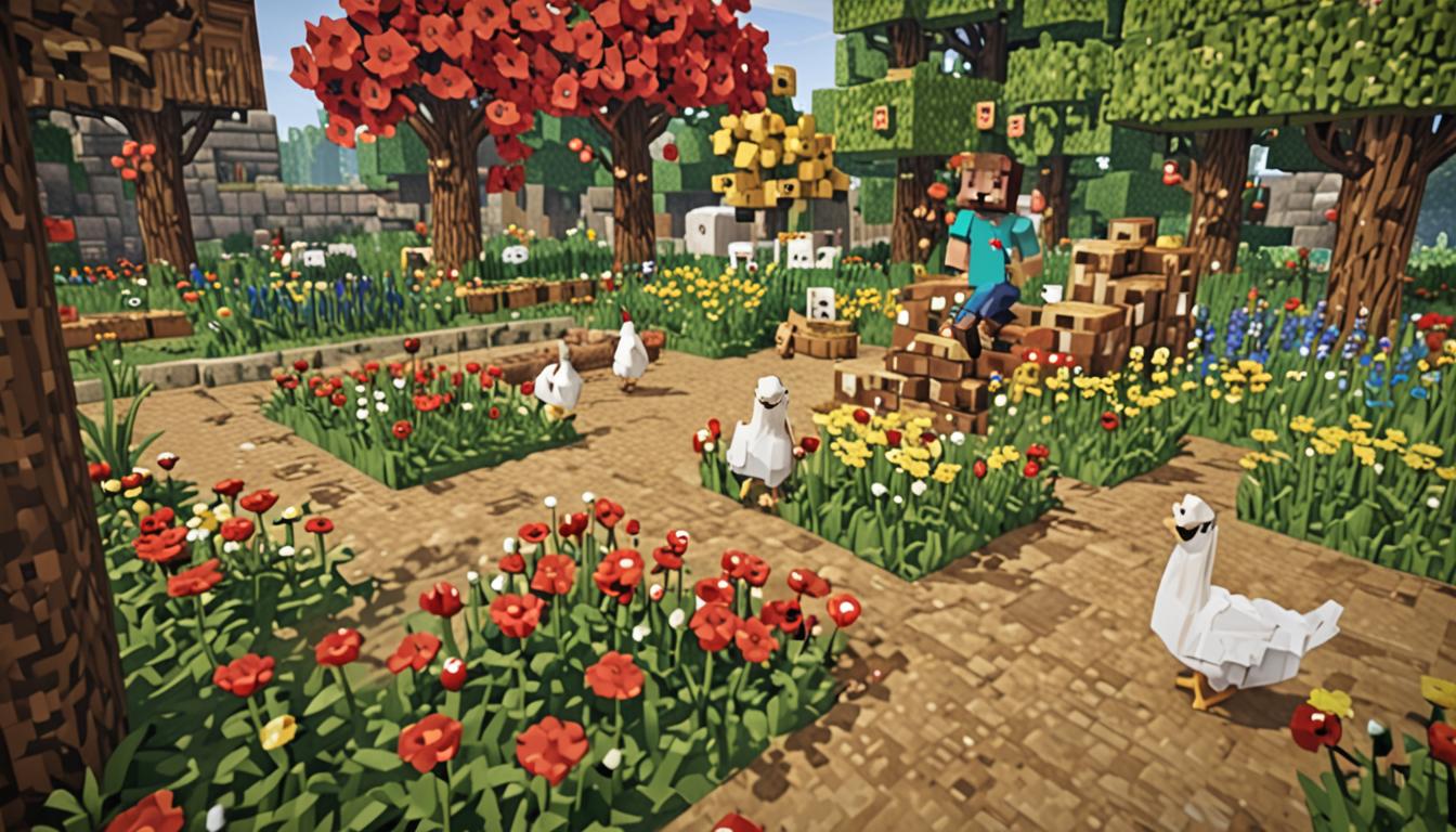 A peaceful Minecraft garden scene with blocky, pixelated terrain featuring a young Steve-like character with brown hair standing among several white and red Minecraft chickens that appear to be performing tricks, with one chicken jumping through a small hoop made of wooden planks. The garden is filled with vibrant, cube-shaped flowers including red poppies, yellow dandelions, and blue orchids scattered across bright green grass blocks, while several animated Minecraft bees with their distinctive yellow and black striped bodies buzz around the colorful blooms, leaving tiny particle trails behind them. In the background stands a quirky wooden shed constructed entirely from upside-down oak stair blocks, creating an unusual geometric pattern with the stair edges facing downward, giving the structure a bumpy, inverted appearance that looks charmingly wrong yet functional. The scene is bathed in warm, soft Minecraft sunlight with gentle shadows cast by the blocky structures, creating a cozy and whimsical atmosphere that captures the peaceful, creative spirit of a player who prefers gardening and animal friendship over traditional mining adventures.