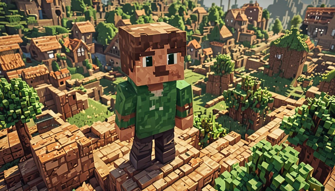 A Minecraft-style blocky character named Jake standing in a pixelated village scene, with messy brown blocky hair that resembles grass texture growing from dirt blocks, sticking up in angular geometric chunks. He wears a bright emerald green hoodie rendered in classic Minecraft block textures, featuring a large pixelated Creeper face design with the iconic black square eyes and frown pattern on the chest. His feet show mismatched footwear - one iron boot crafted from shiny gray-silver iron ingot texture with metallic reflective surfaces, and one brown leather boot with the characteristic tan leather material texture. The village background features cobblestone pathways made of gray stone blocks with darker mortar lines, some blocks appearing loose or slightly displaced. Traditional Minecraft village buildings with wooden plank walls, cobblestone foundations, and slanted roofs are visible, along with blocky villagers in the distance. The lighting has the warm, ambient glow typical of Minecraft's daytime lighting system, casting soft shadows between the geometric blocks and creating depth in the pixelated environment.